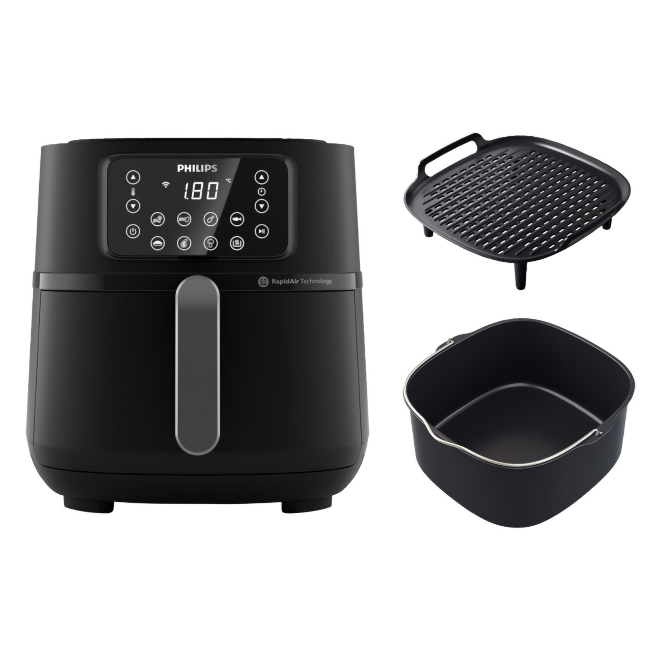 Czarna frytownica powietrzna z akcesoriami: grill i kosz. Cyfrowy wyświetlacz pokazuje temperaturę. Białe tło.