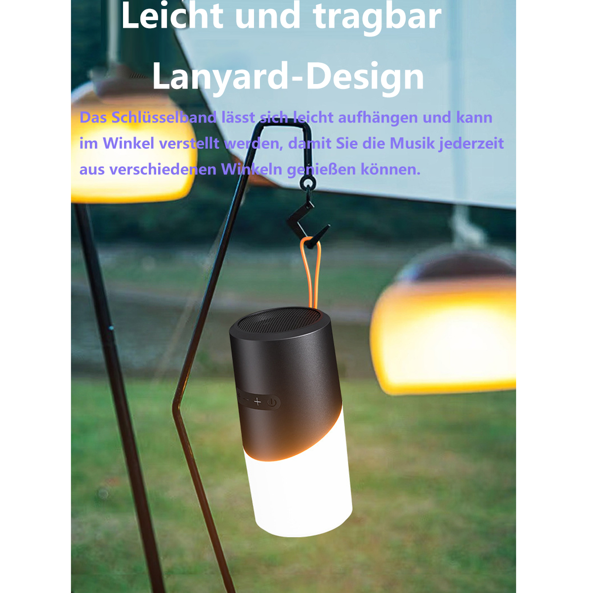 Ein schwarz-weißer Lautsprecher hängt an einem Haken. Der Lautsprecher hat unten ein Licht. Im Hintergrund befinden sich zwei Hängelampen.