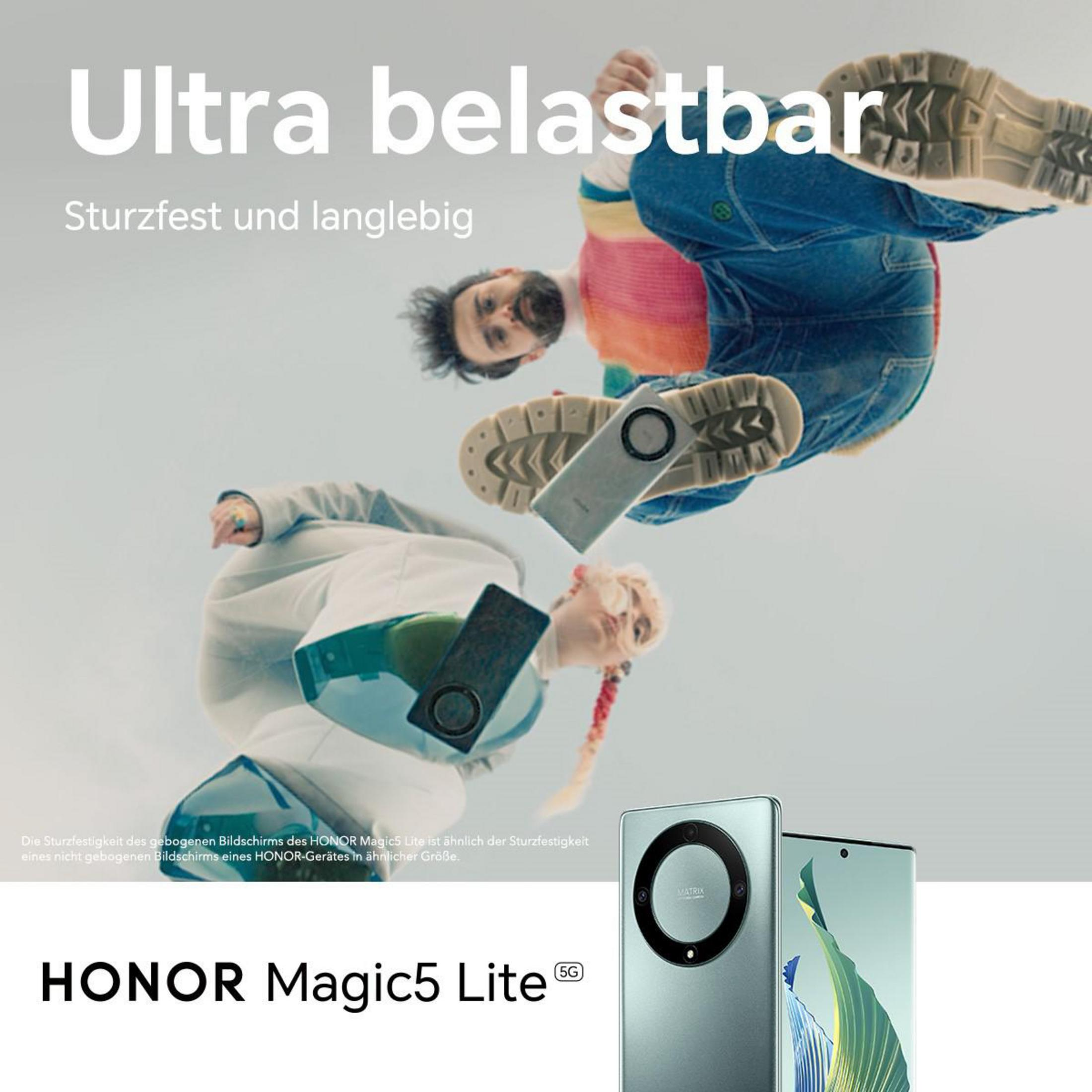 Dwie osoby spadają w powietrzu. Dwa telefony na zdjęciu. Tekst: Ultra belastbar, HONOR Magic5 Lite 5G.