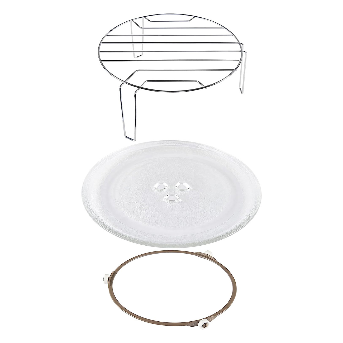 Mikrowellen-Komponenten: ein Metallgitter, eine Glasplatte und ein brauner Ring.