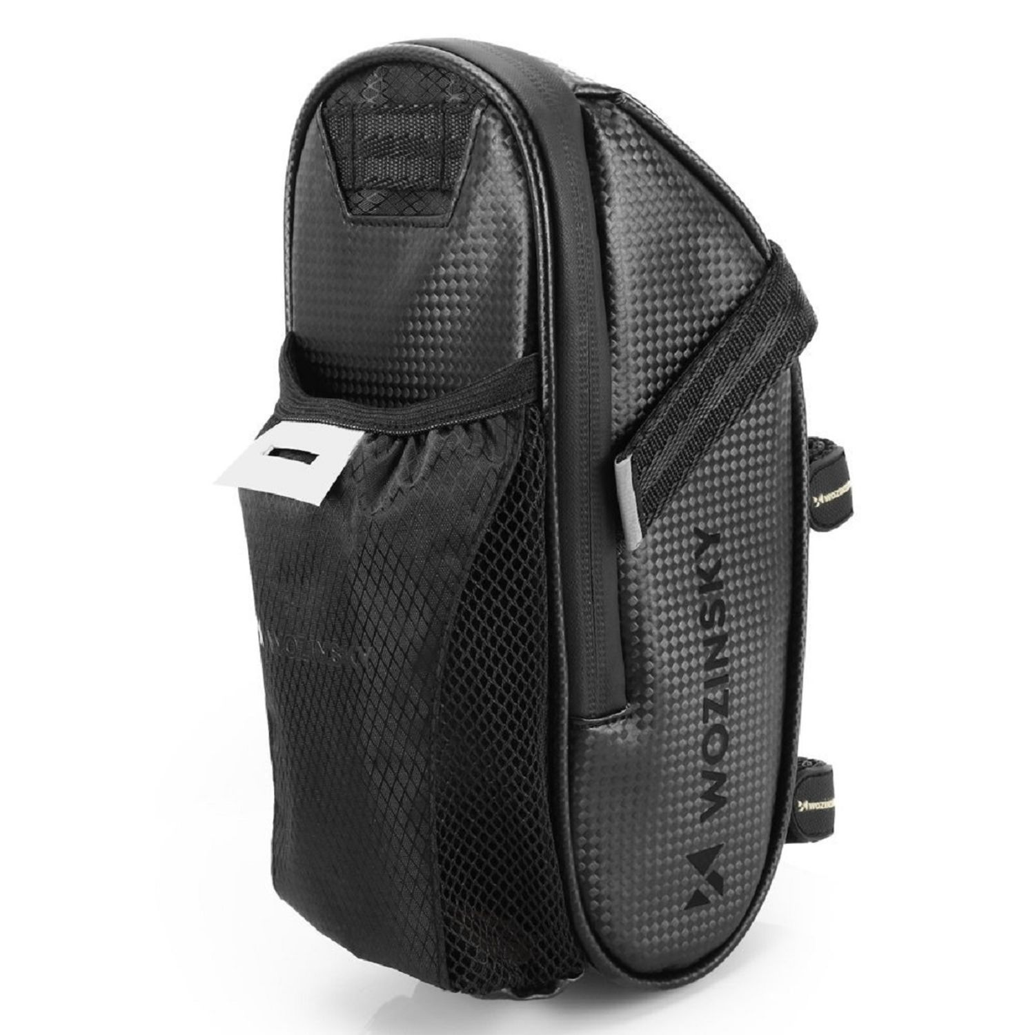 Schwarze Fahrradtasche mit Karbonfasertextur. Sie hat eine Netztasche und einen Reißverschluss.
