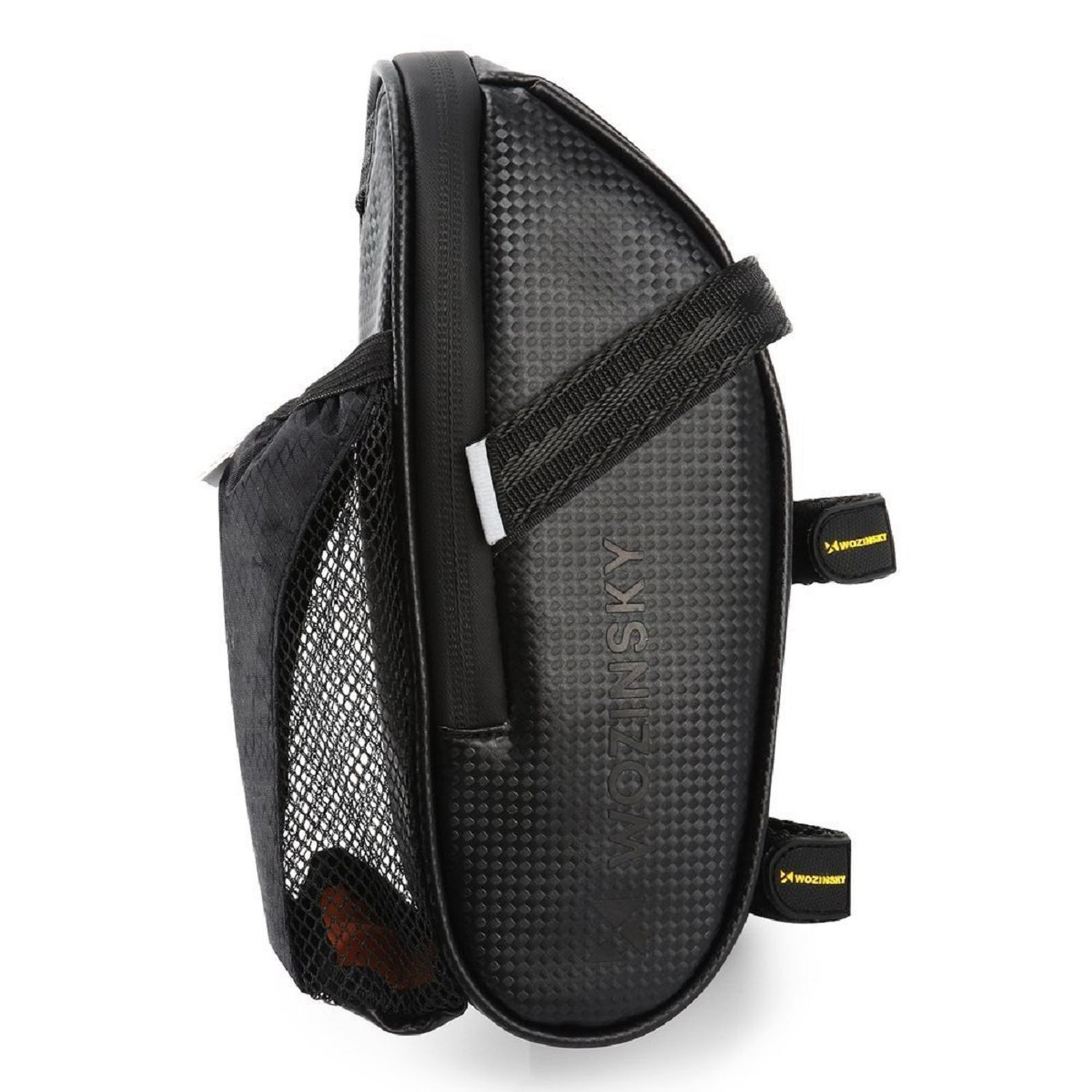 Schwarze Fahrradtasche mit Netztasche und Gurten. Die Tasche befindet sich auf weißem Hintergrund.