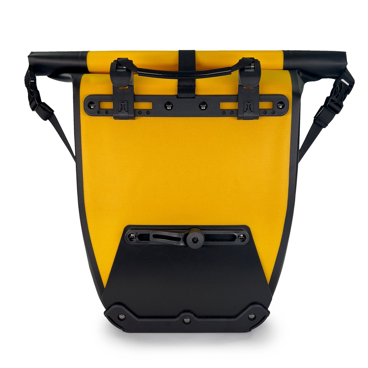 Eine gelbe Fahrrad-Gepäcktasche mit schwarzen Akzenten, geöffnet auf weißem Hintergrund.