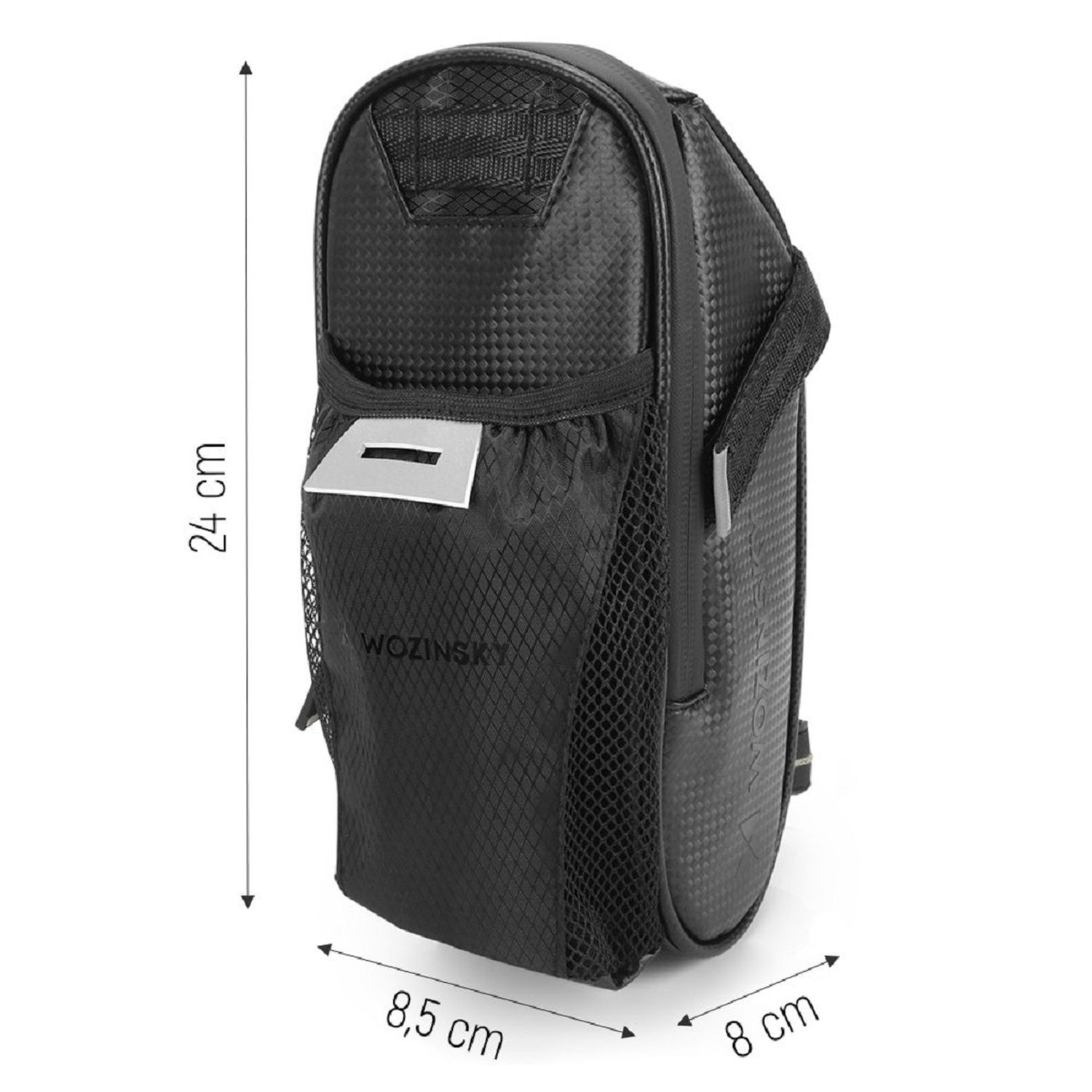 Schwarze Fahrradtasche mit den Maßen 24x8,5x8 cm. Mit Netztasche und reflektierendem Element.