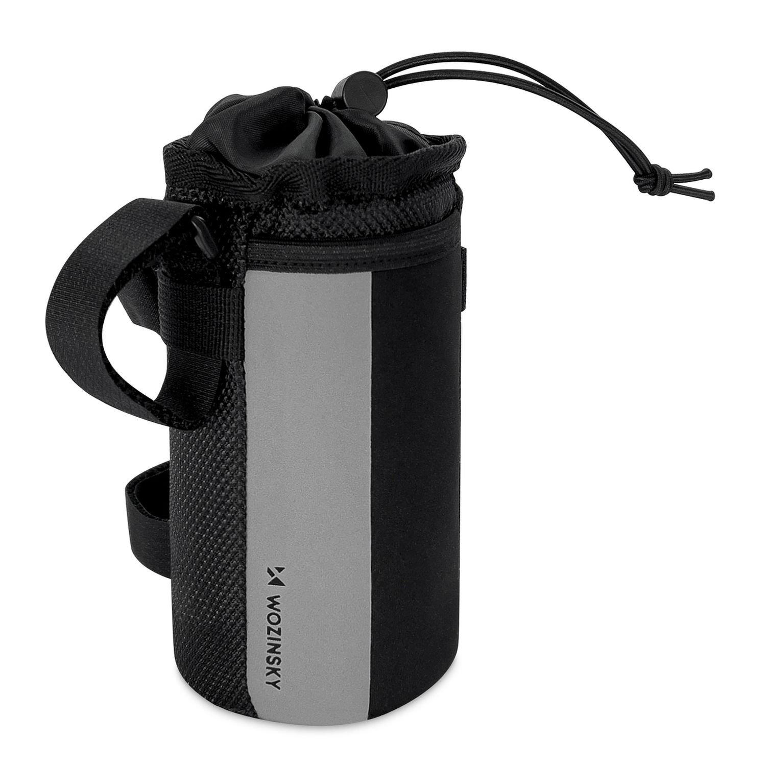 Schwarz-grauer Trinkflaschenhalter mit Kordelzug und Griff.