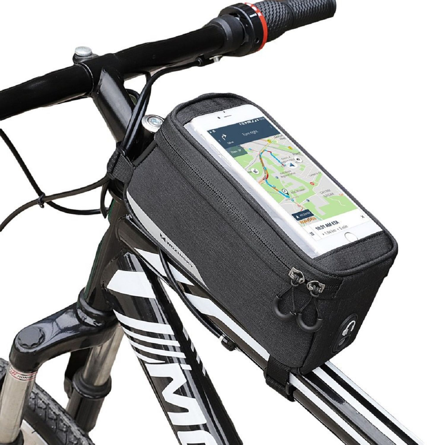 Ein Fahrrad mit einer schwarzen Tasche am Lenker, die ein Telefon mit einer Karte hält.