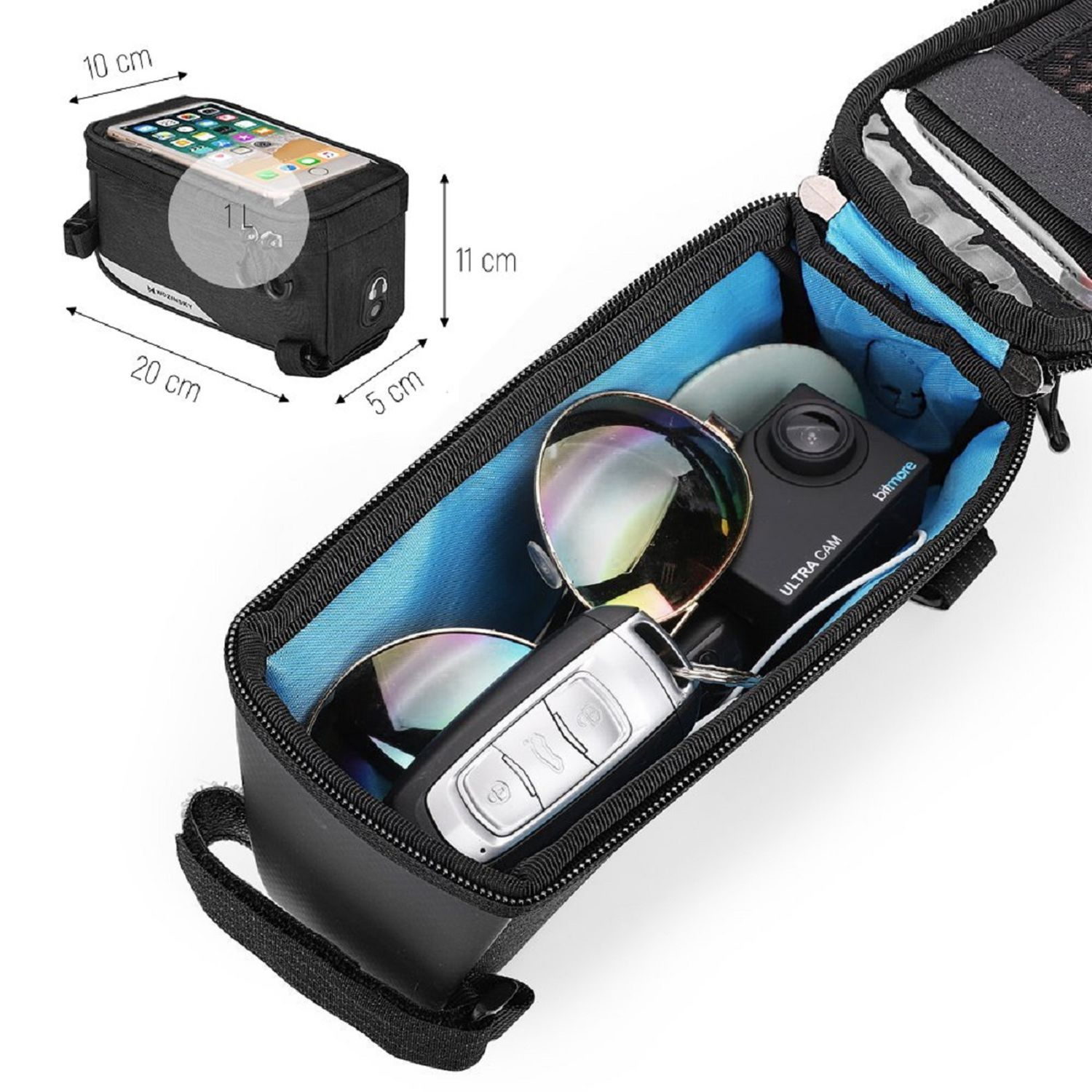 Schwarze Fahrradtasche mit Gegenständen. Sonnenbrille, Kamera, Schlüssel. Maße in cm.