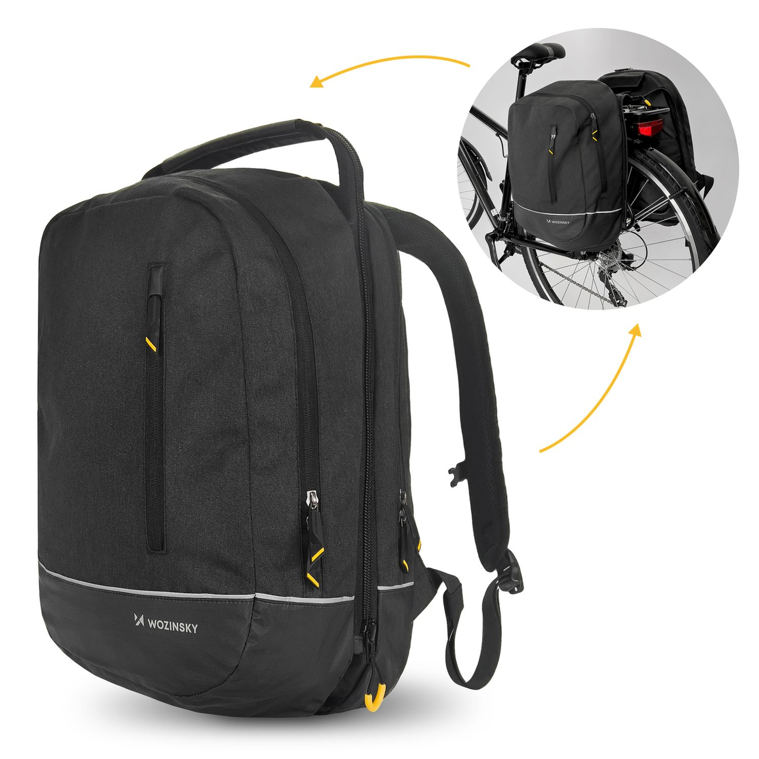 Schwarzer Rucksack mit Fahrradbefestigung, gelben Akzenten und WOZINSKY-Logo.
