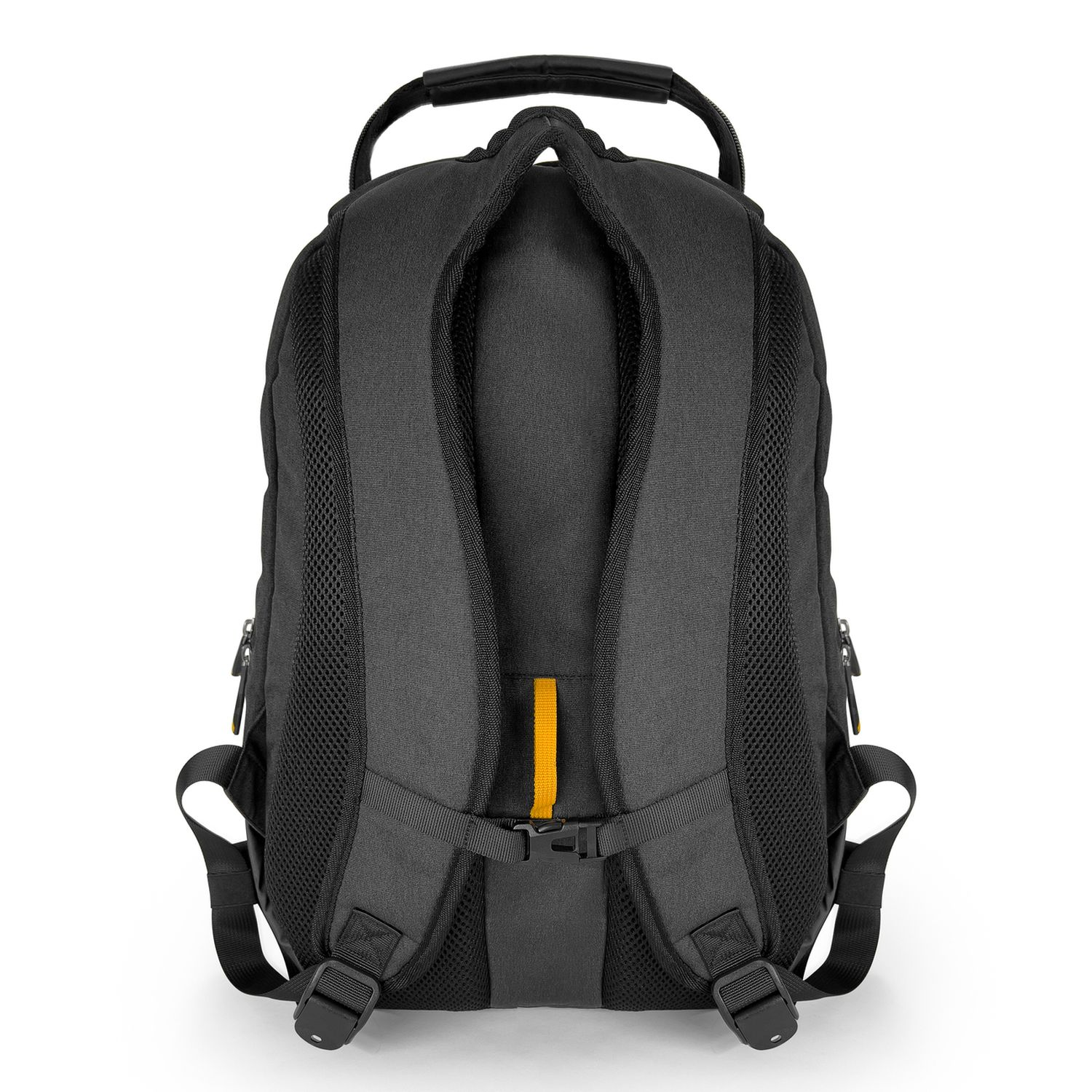 Rückansicht eines schwarzen Rucksacks mit gelben Akzenten.