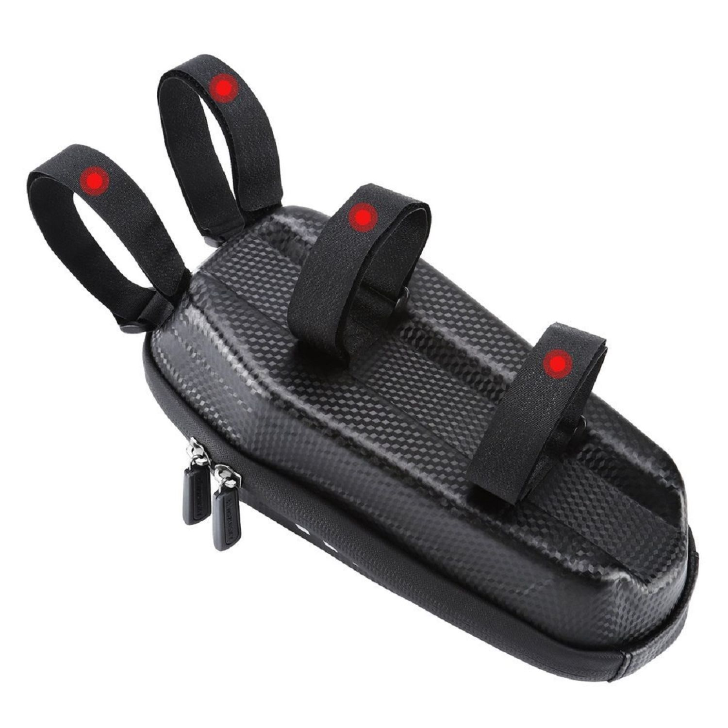 Schwarze Fahrradtasche mit schwarzen Riemen und roten Punkten. Mit Reißverschluss und strukturierter Oberfläche.