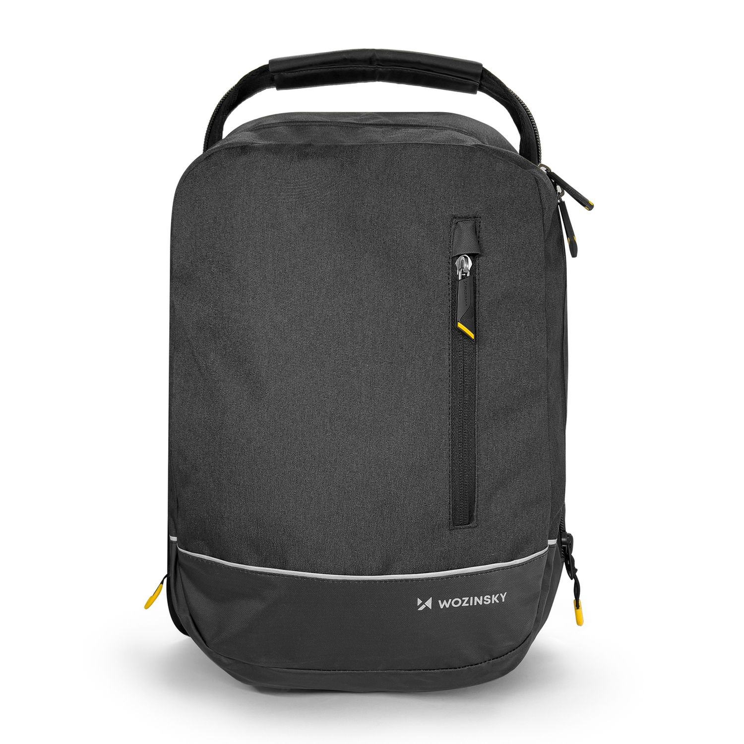 Schwarzer Rucksack mit gelbem Reißverschluss. Reflektierender Streifen unten.