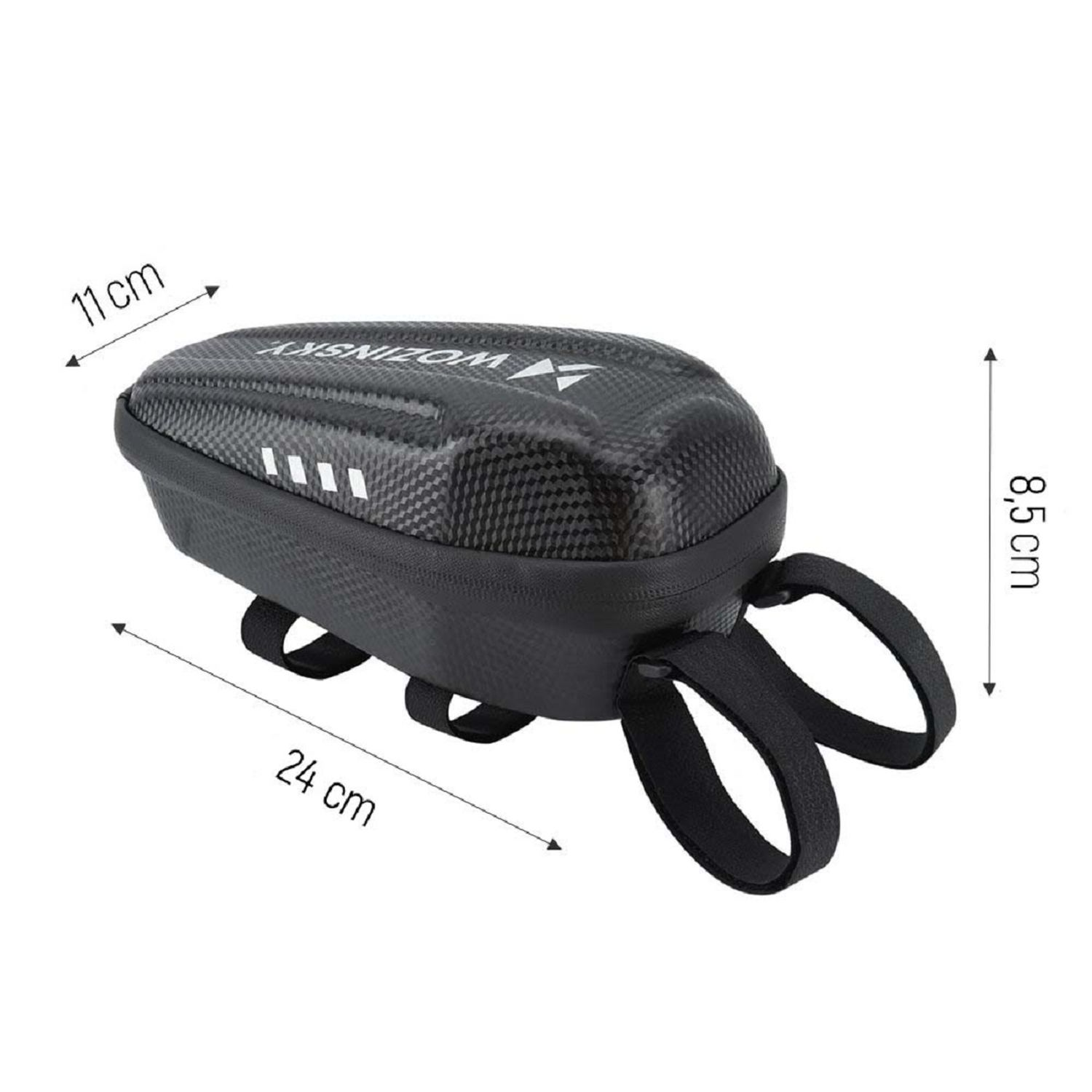 Eine schwarze Fahrradtasche im Carbonfaser-Stil mit beschrifteten Abmessungen und schwarzen Gurten auf Weiß.
