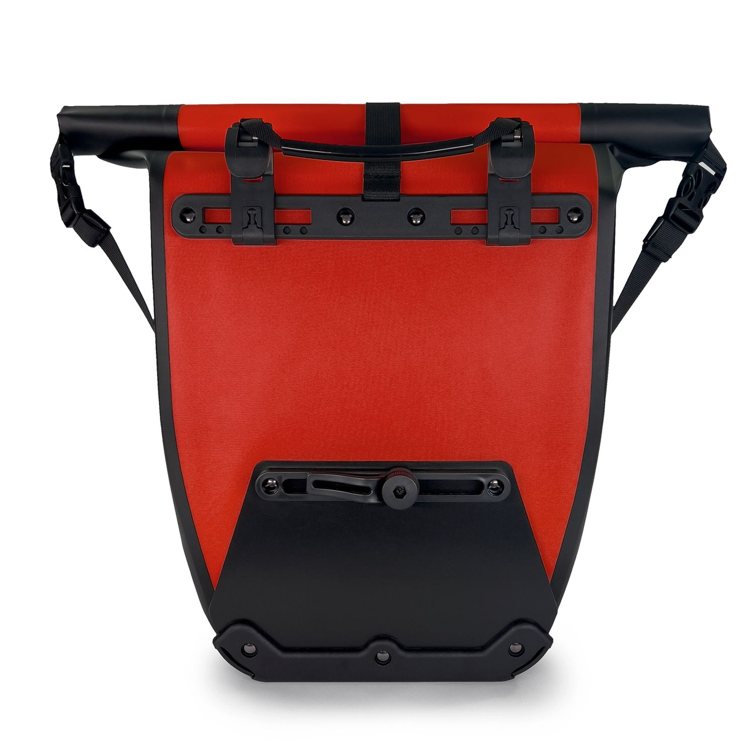 Rote und schwarze Fahrrad-Gepäckträgertasche mit schwarzen Befestigungen.