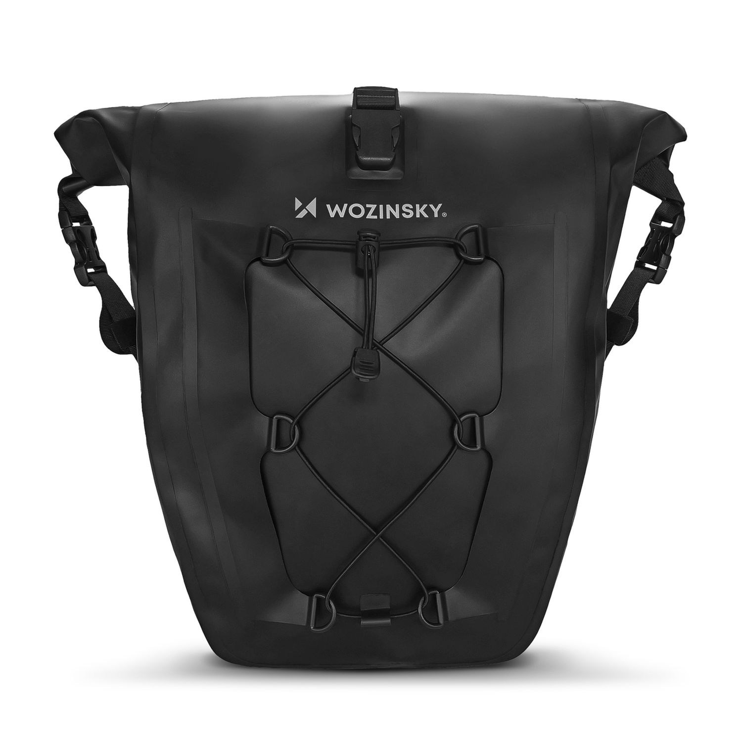 Schwarze wasserdichte Fahrradtasche mit Schnallenverschluss und Logo.
