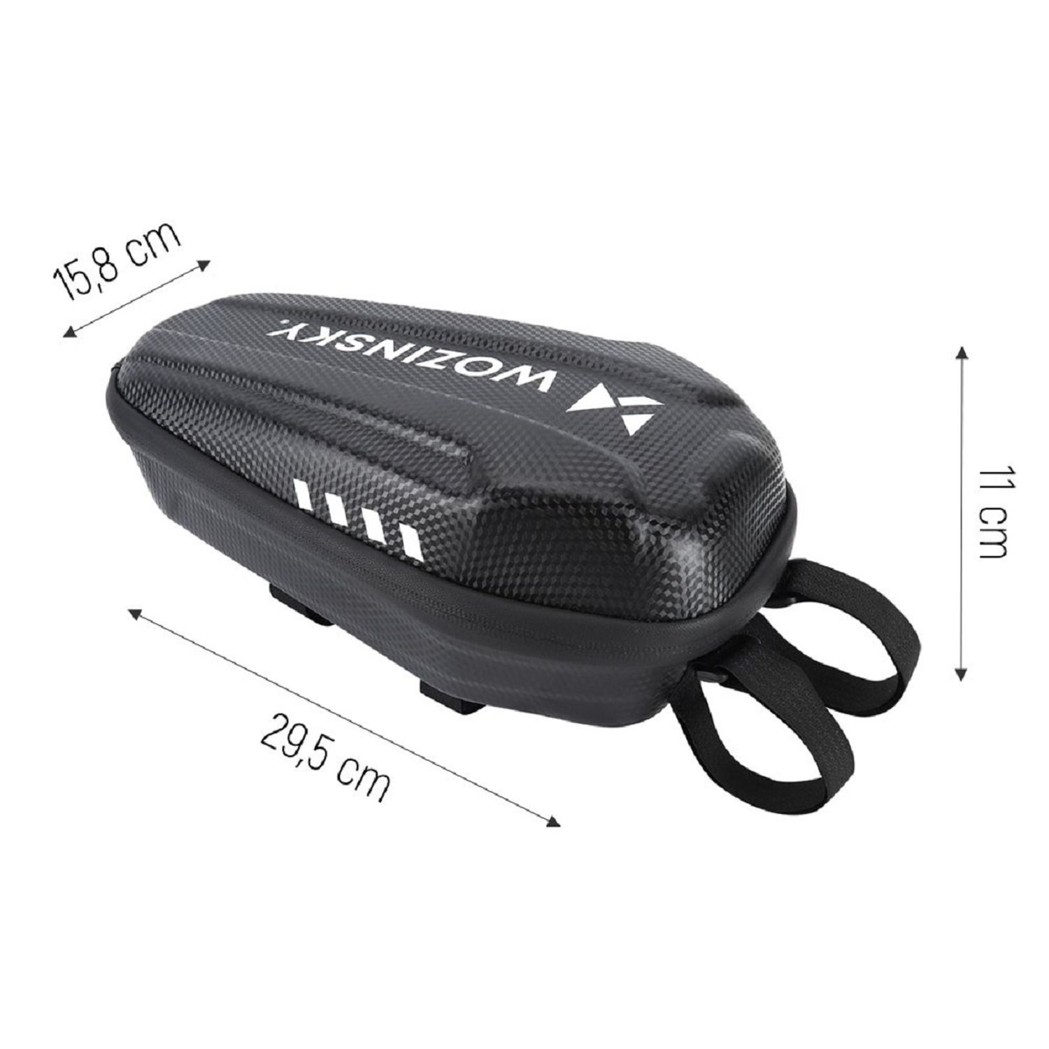 Schwarze Fahrradtasche mit Maßen und der Marke 'WOZINSKY'.