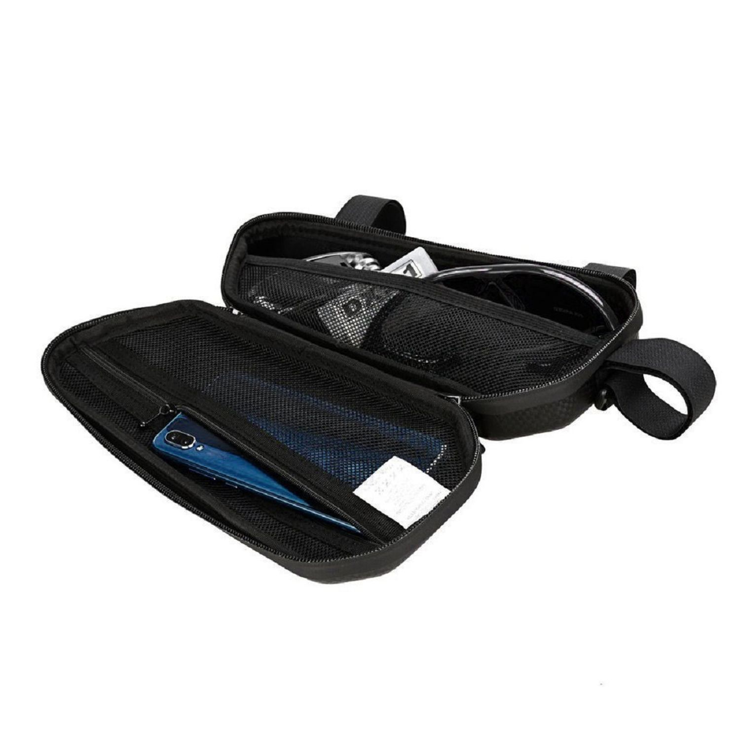 Schwarze Fahrradtasche, offen, mit Brille und Telefon.