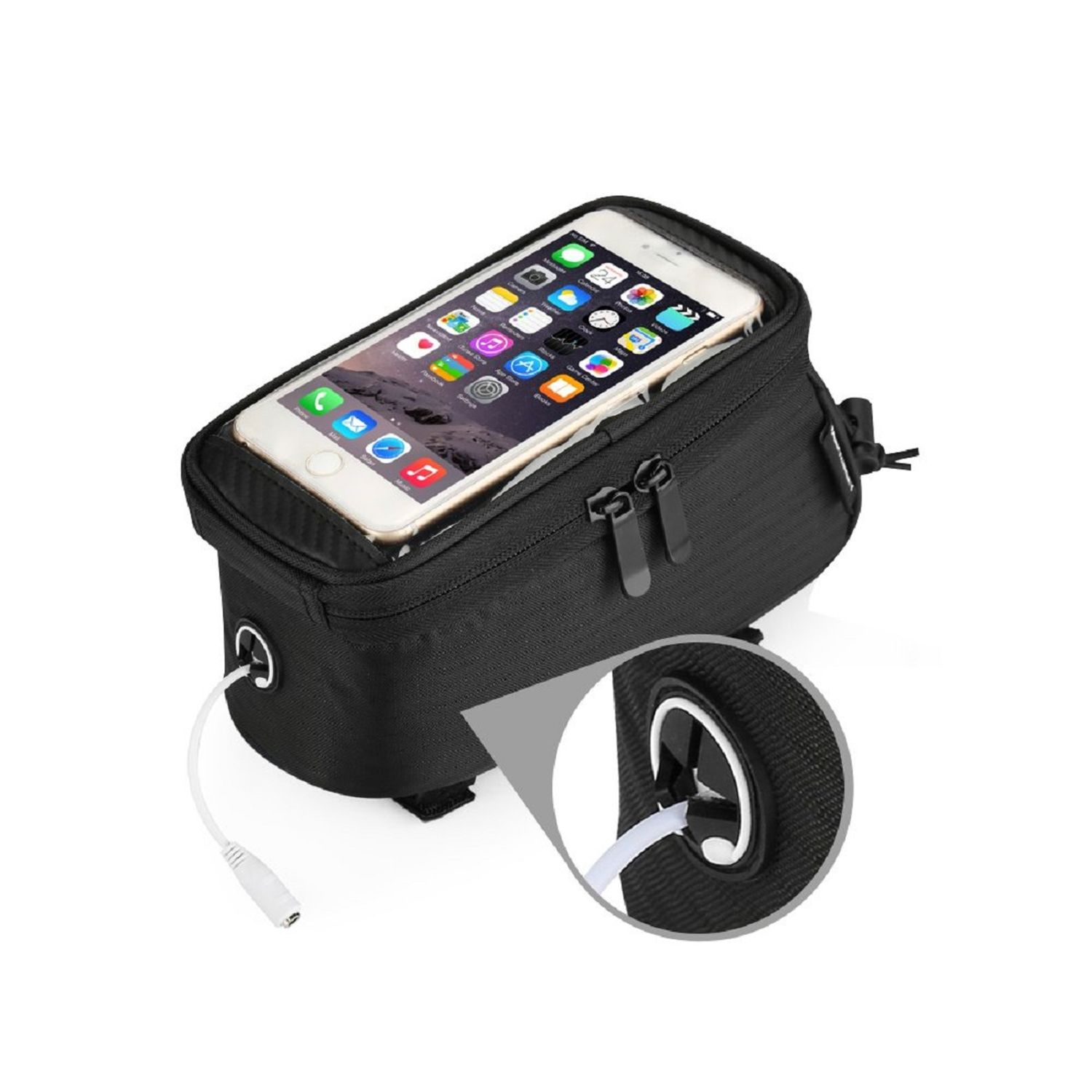 Schwarze Telefontasche mit Telefon und weißem Kabel. Nahaufnahme des Kabelanschlusses.