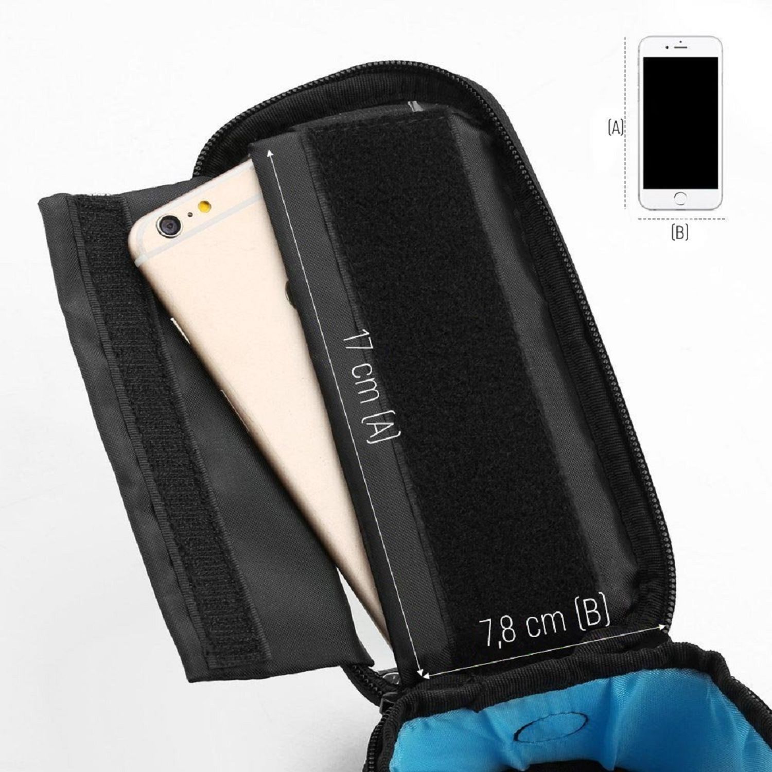 Telefon in einer schwarzen Tasche mit cm-Maßen. Schwarzer Hintergrund.