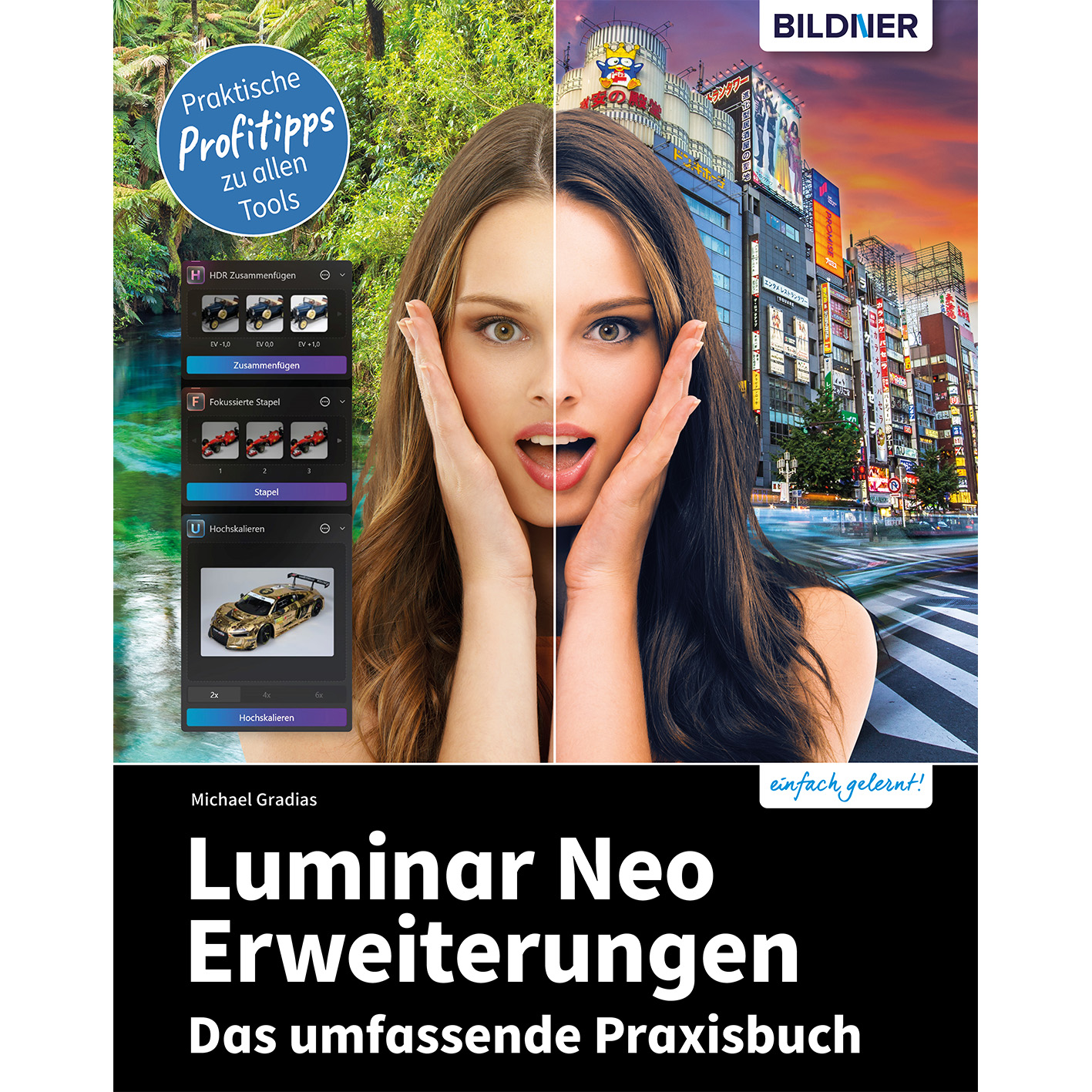 Ein Buchcover mit Software-Oberflächenelementen und dem Gesicht einer Frau, geteilt.