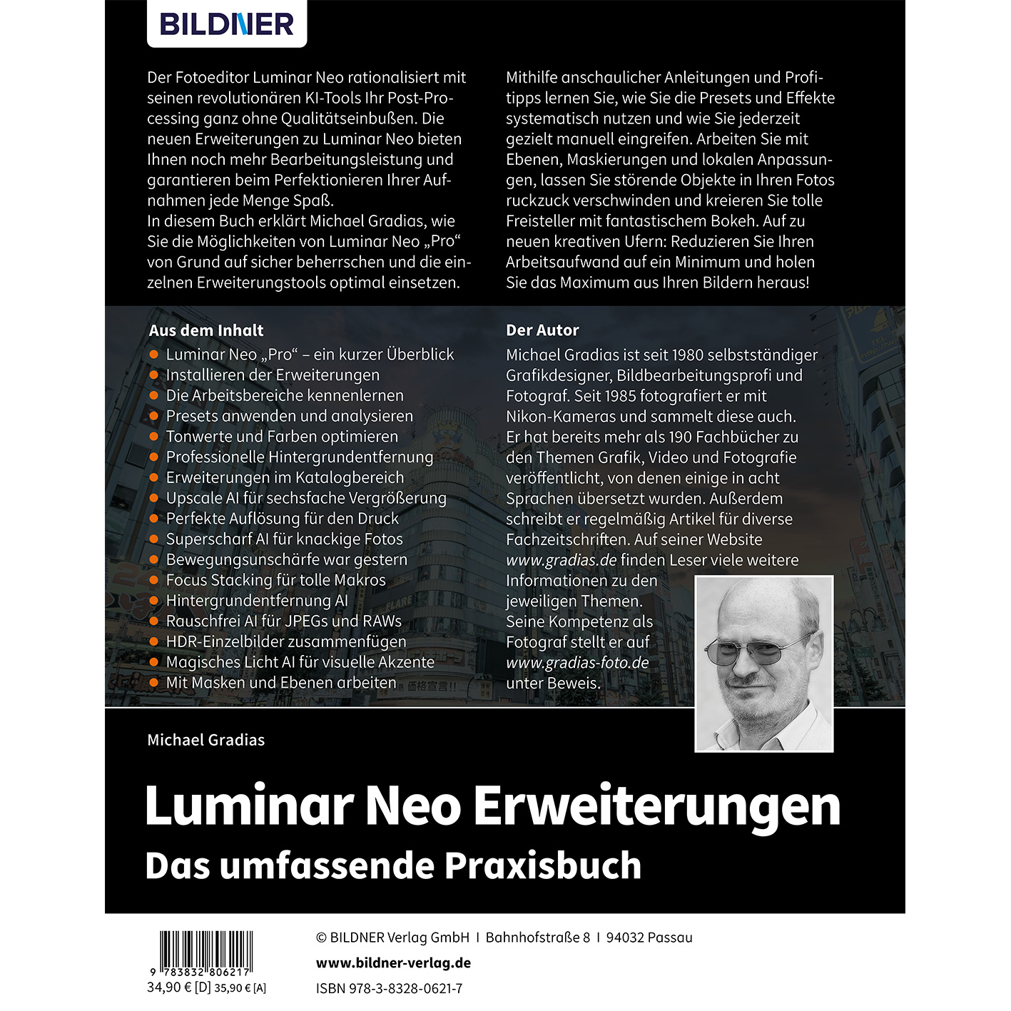 Buchcover mit Text und einem Foto eines Mannes. Text unten.