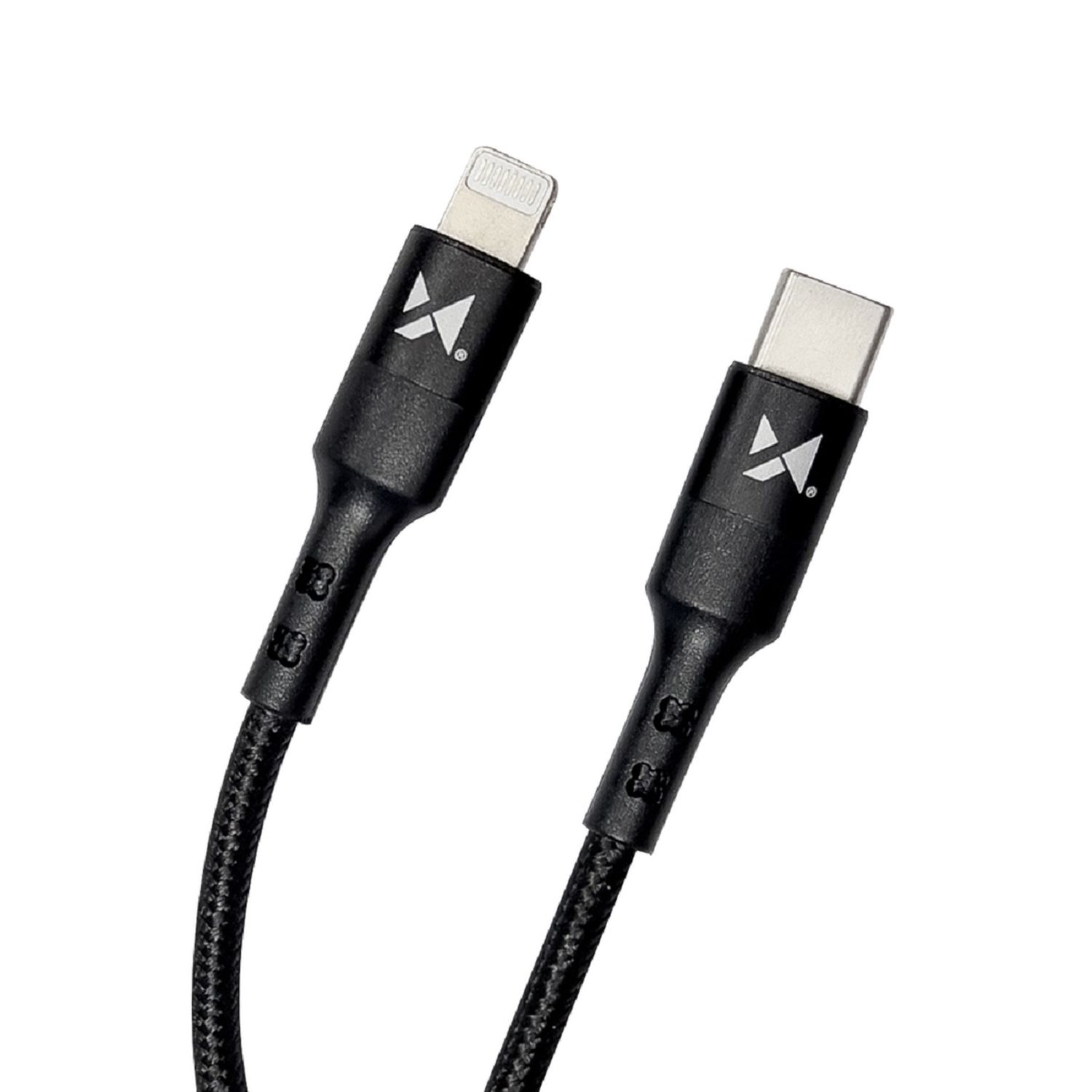 Schwarzes Ladekabel mit Apple Lightning-Anschluss und USB-C-Anschluss, beide mit Logos.