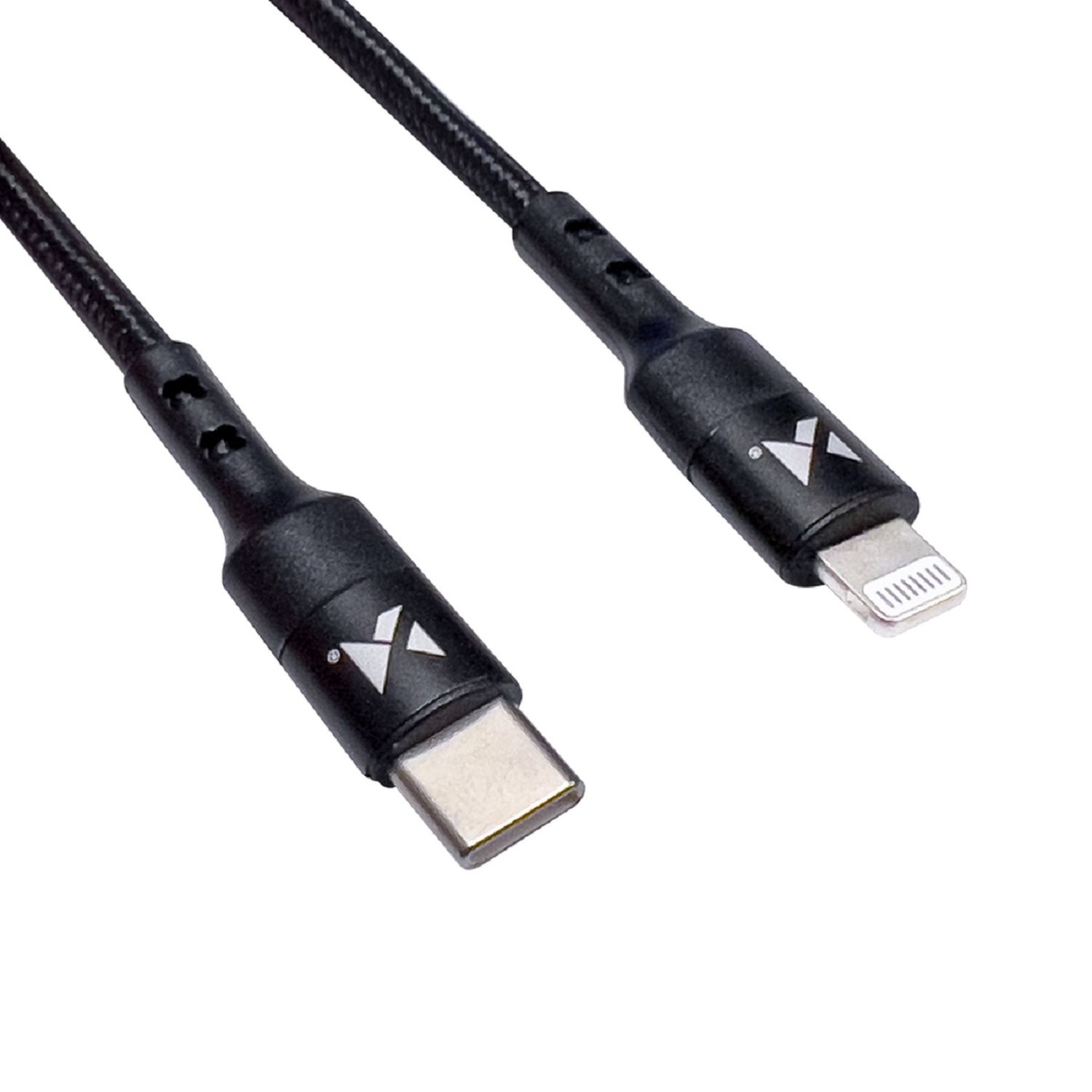 Schwarz geflochtenes USB-Ladekabel, mit USB-C- und Lightning-Anschluss.