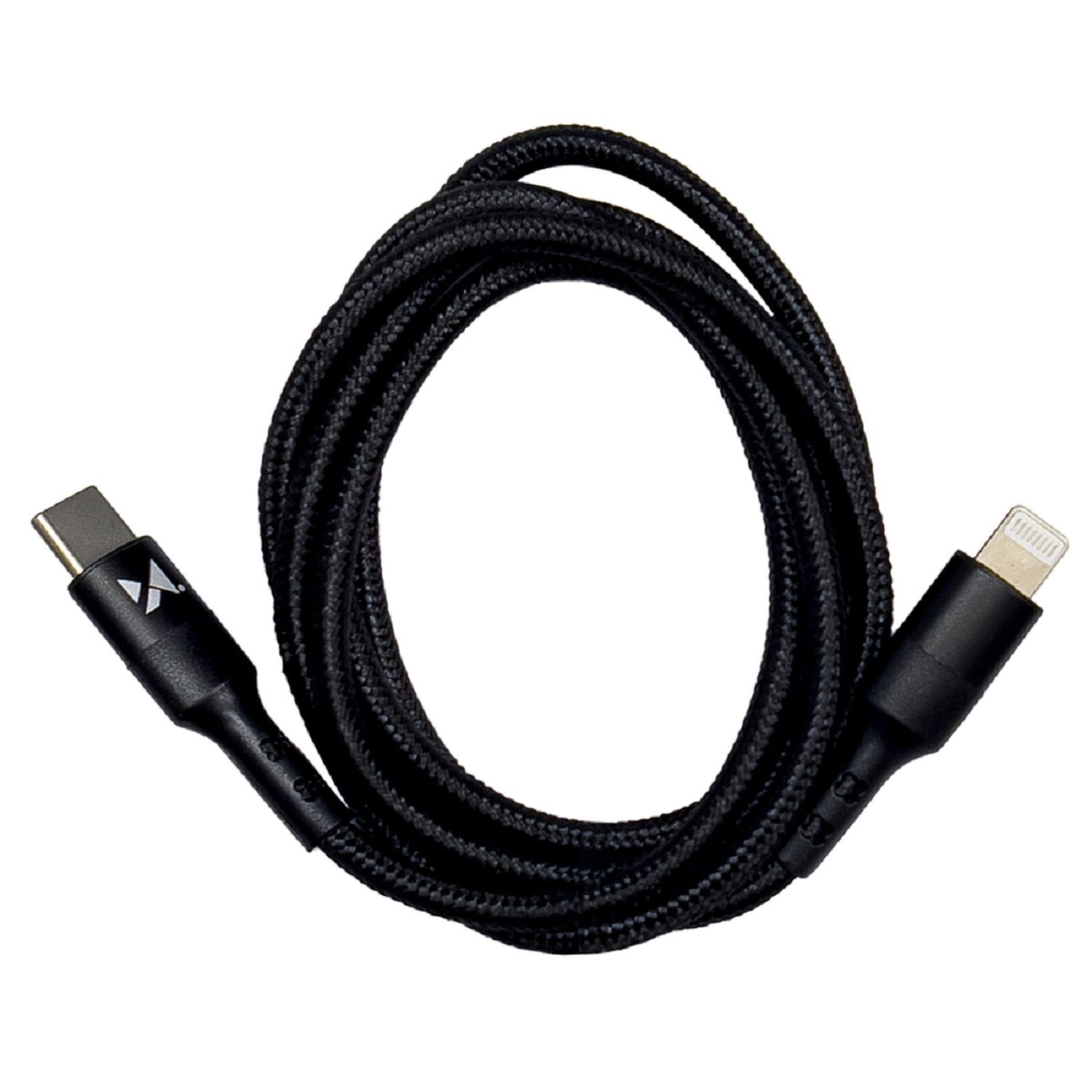 Schwarzes USB-C-auf-Lightning-Kabel. Das Kabel ist aufgerollt und hat an jedem Ende Anschlüsse.