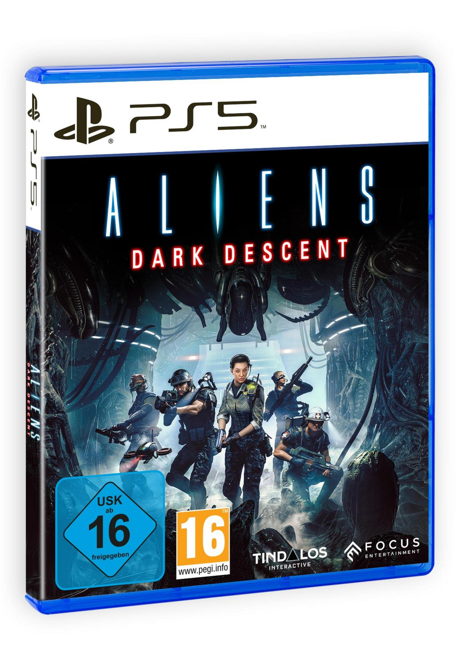 Ein blaues PS5-Spielcase mit dem Titel 'Aliens: Dark Descent' und Bildern von Soldaten.