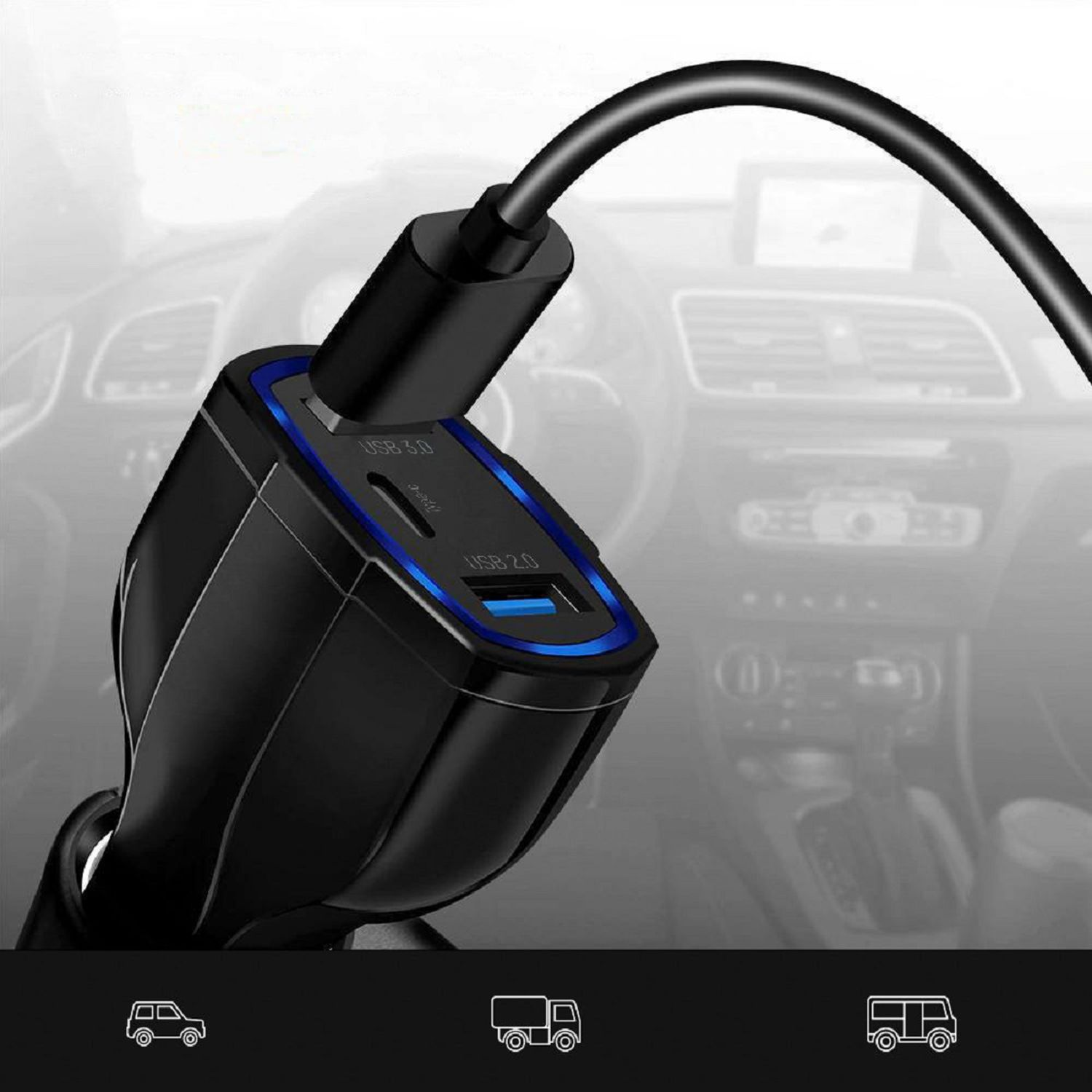 Schwarzes Autoladegerät mit USB-Anschlüssen. Verschiedene Fahrzeugsymbole sind unten abgebildet.