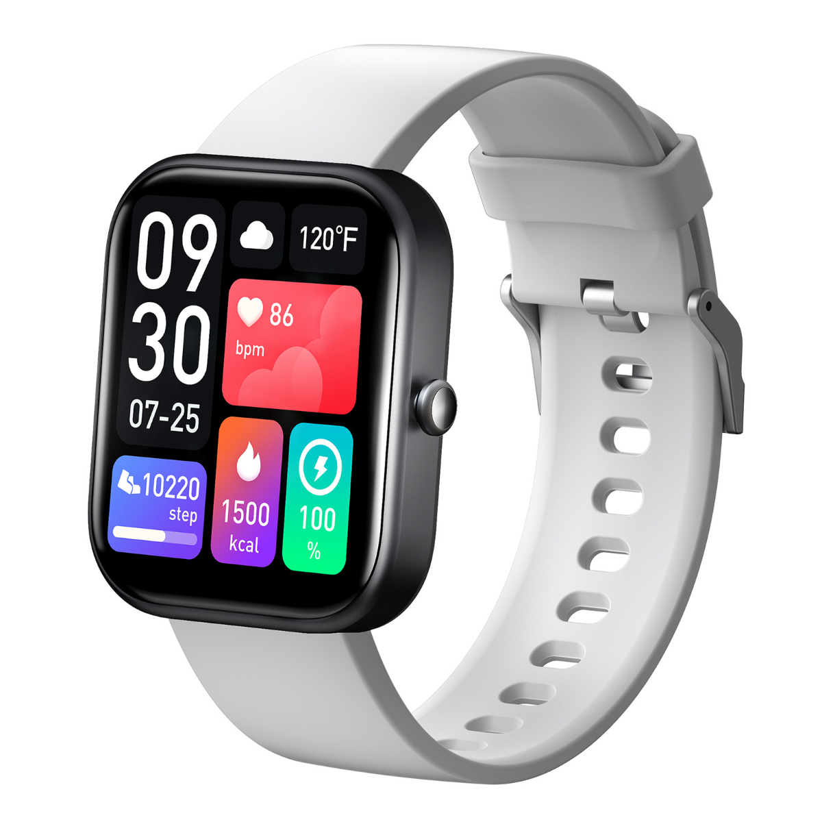 Un smartwatch con correa blanca muestra hora, frecuencia cardíaca y métricas de actividad en pantalla negra.