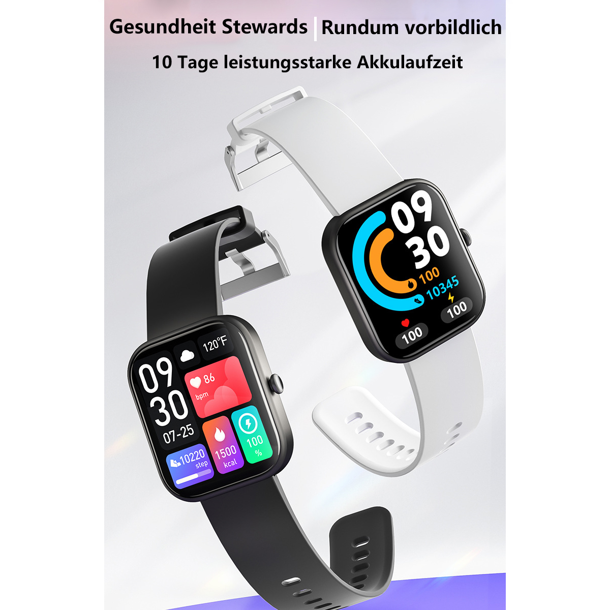 Dos smartwatches, uno negro y otro blanco, que muestran métricas de salud y tiempo.