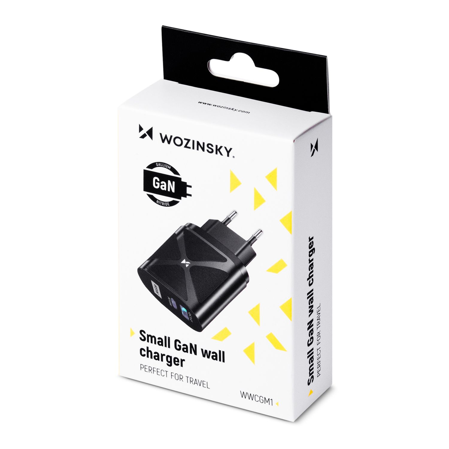 Eine weiße und schwarze Wandladegerätbox mit einem schwarzen Ladegerät, beschriftet mit 'Small GaN wall charger'.