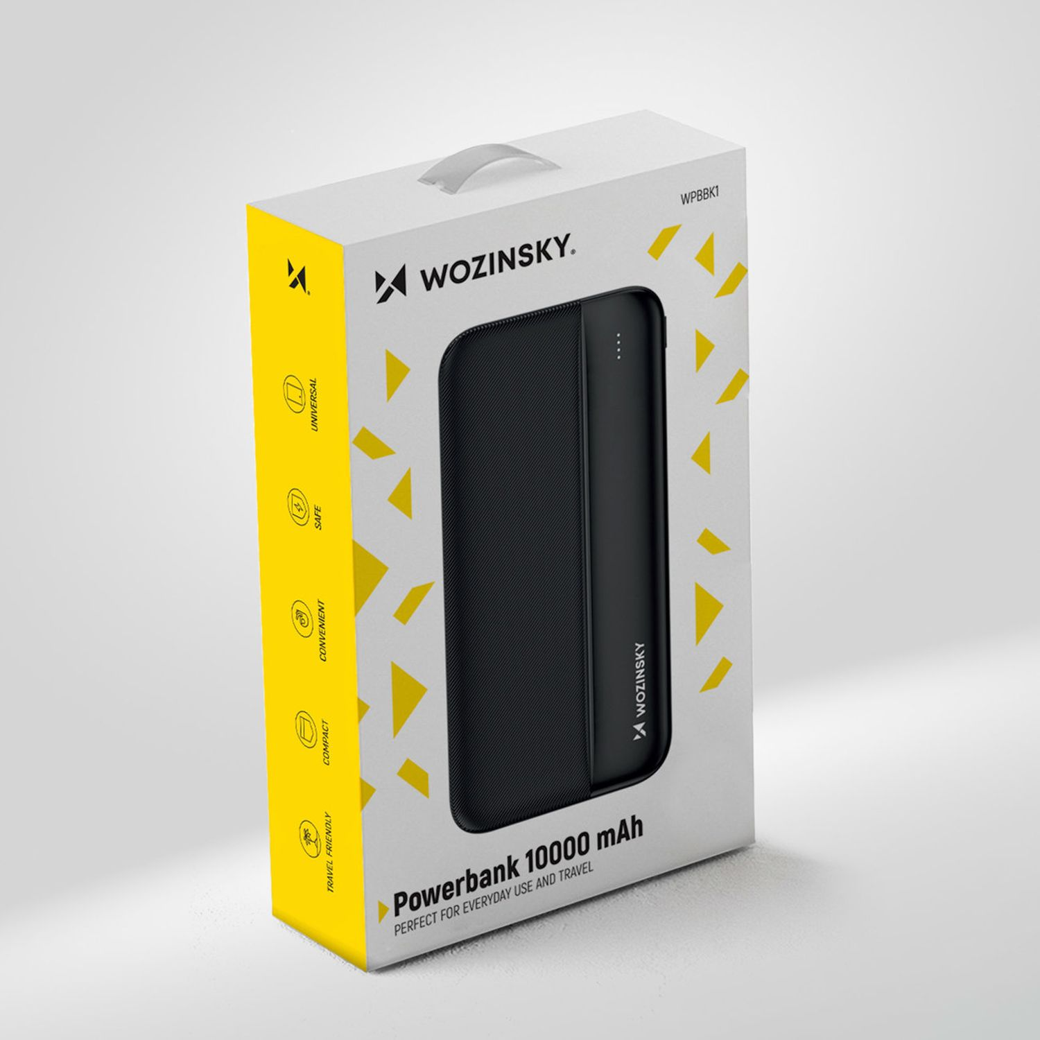 Biało-żółte pudełko z czarnym power bankiem. Tekst zawiera 'Powerbank 10000 mAh'.