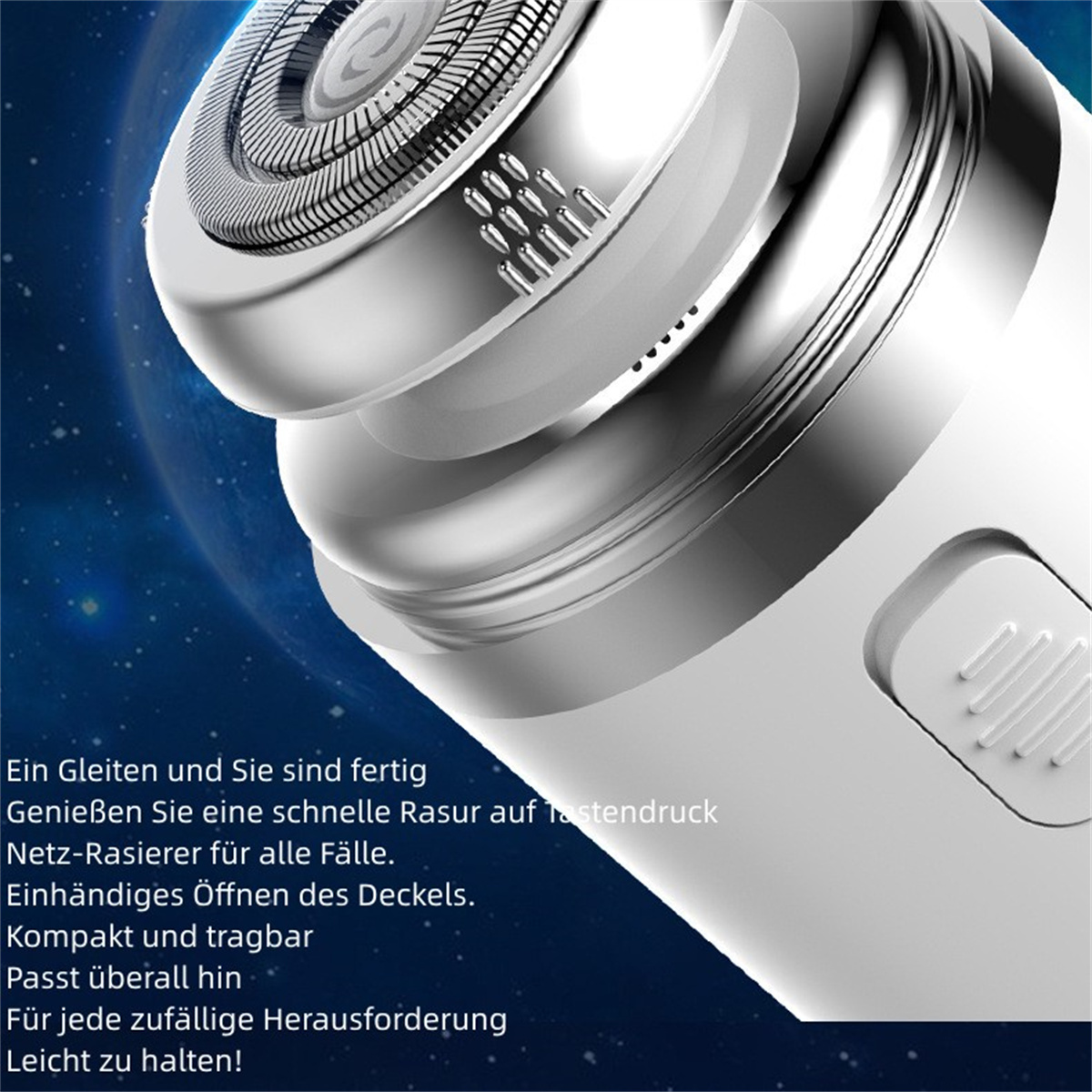 Nahaufnahme eines silbernen Elektrorasierers, der die Klingen und einen weißen Körper mit Knopf und kleinem Bildschirm zeigt.