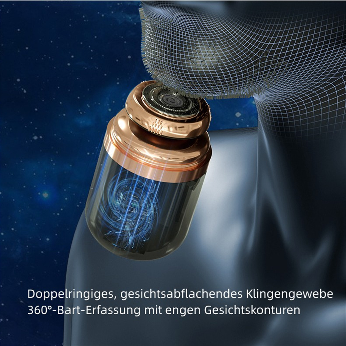 Nahaufnahme eines Rasiergeräts mit Kupferfarbe, blauem Licht und Gesichtsdetails.