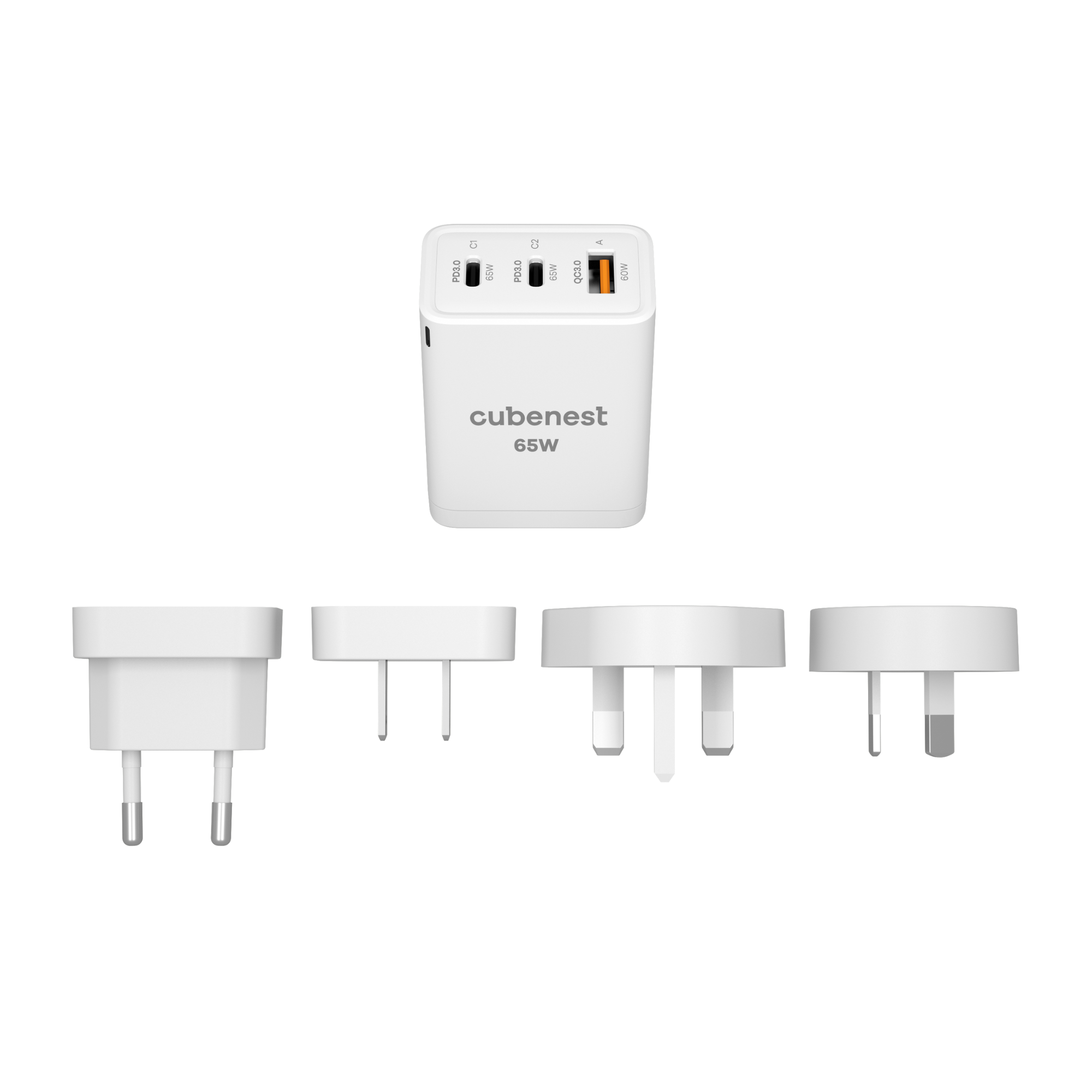 Ein weißes 65W Cubenest-Ladegerät mit mehreren Steckeradaptern. Inklusive EU, UK und US Adapter.