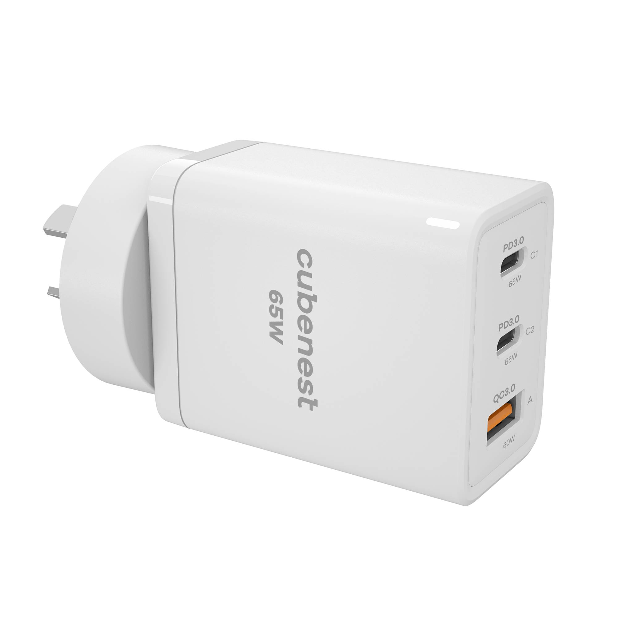 Ein weißes Cubenest-Ladegerät mit drei USB-Anschlüssen, beschriftet mit PD3.0, QC3.0 und 65W.