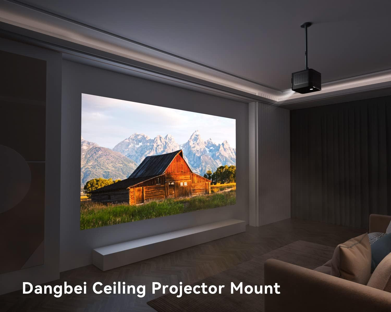 Ein an der Decke montierter Projektor, der ein Bild auf eine weiße Leinwand projiziert.