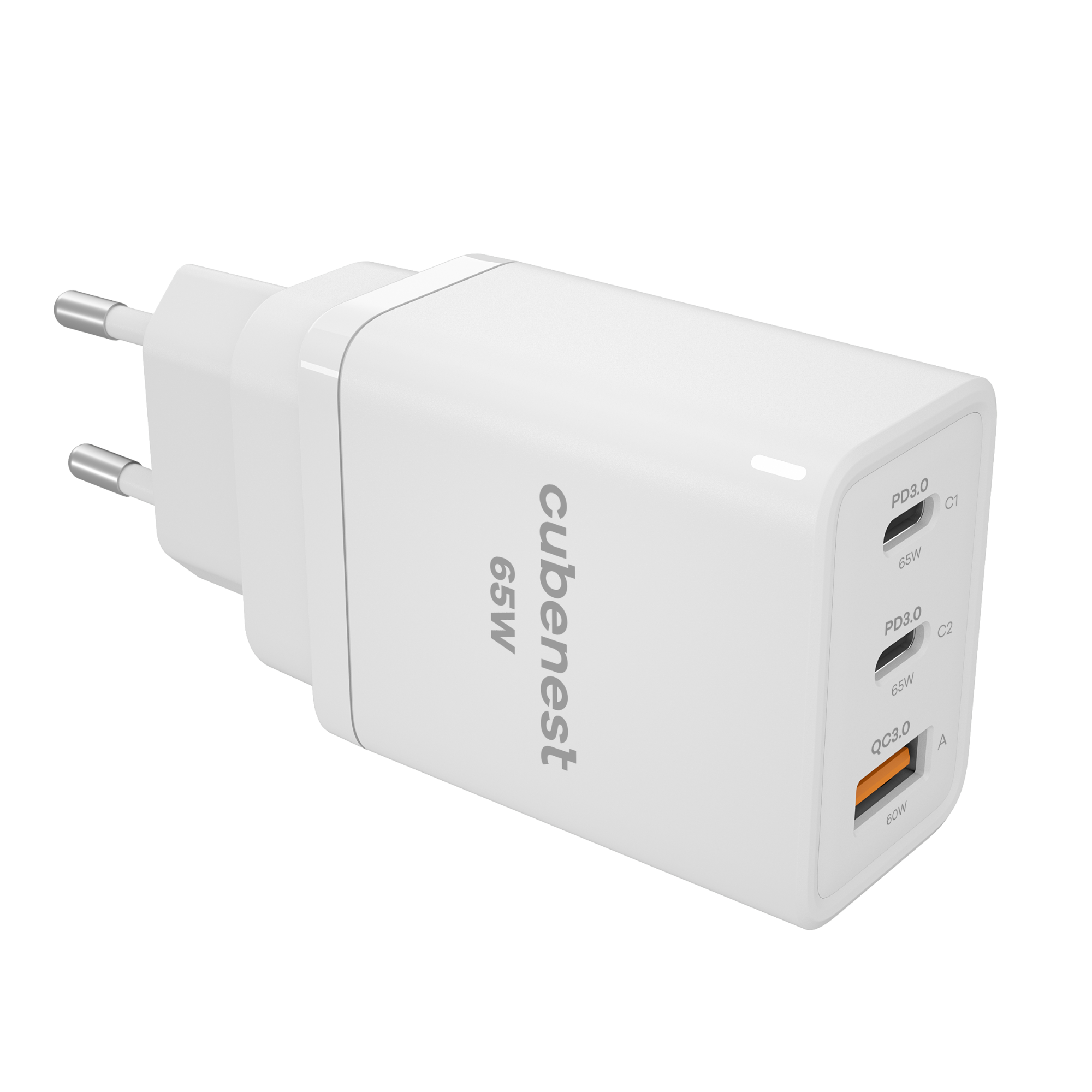 Weißes 65W cubenest-Ladegerät mit zwei Stiften und drei Ladeanschlüssen.