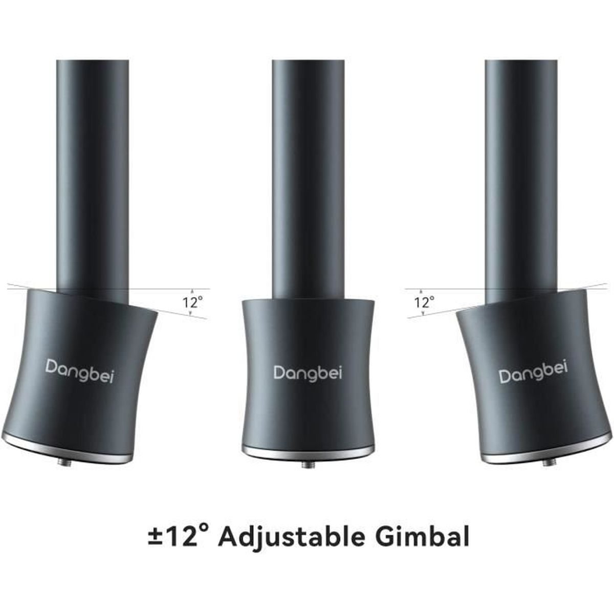 Trzy regulowane urządzenia gimbal z szarymi korpusami, pokazujące różne kąty nachylenia. Tekst poniżej: '+12° Adjustable Gimbal'.