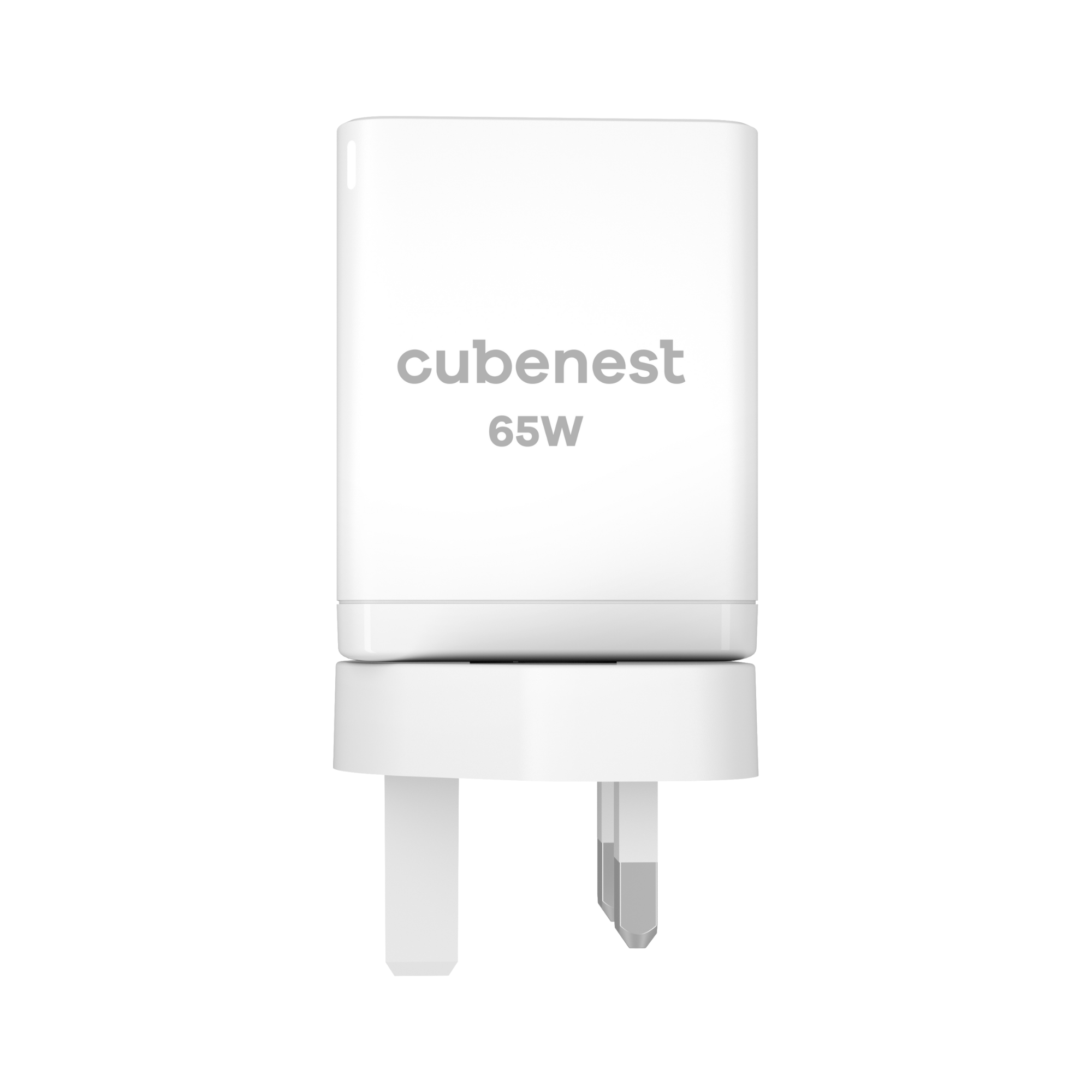 Ein weißes Cubenest 65W-Ladegerät mit US-Stecker, isoliert auf weißem Hintergrund.