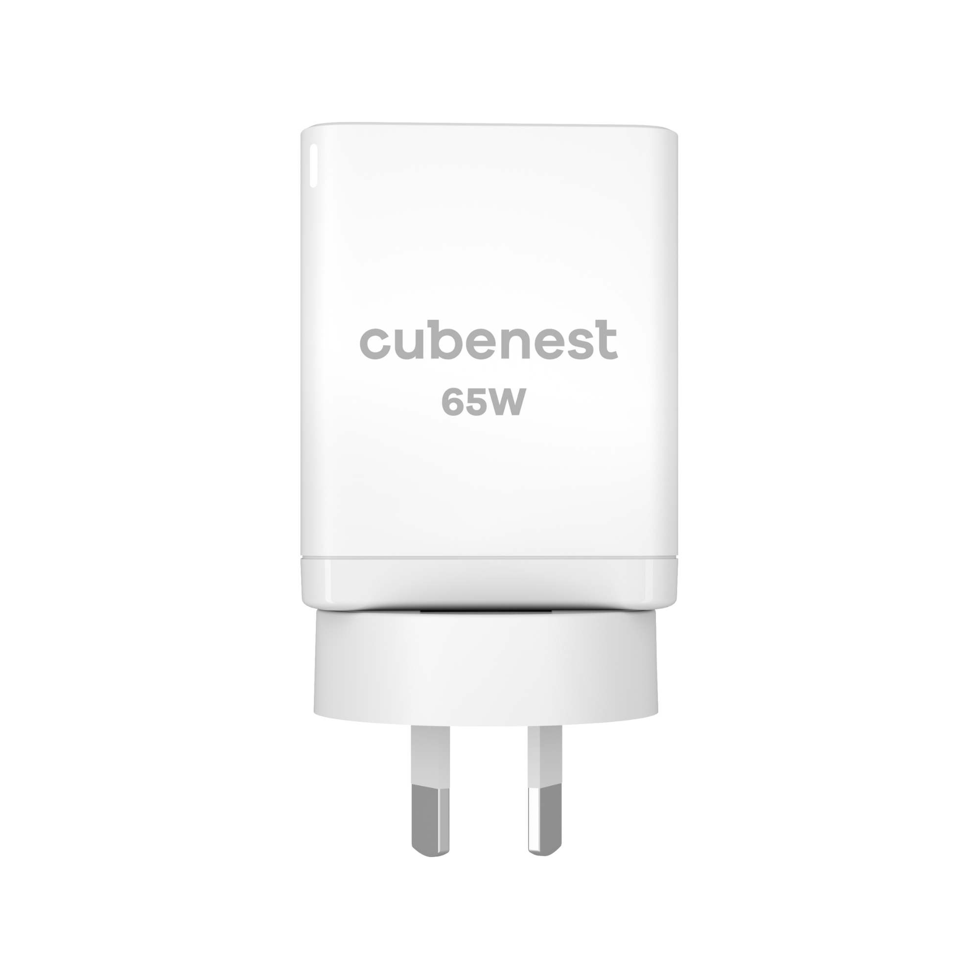 Weißes cubenest 65W Ladegerät mit einem britischen Stecker.