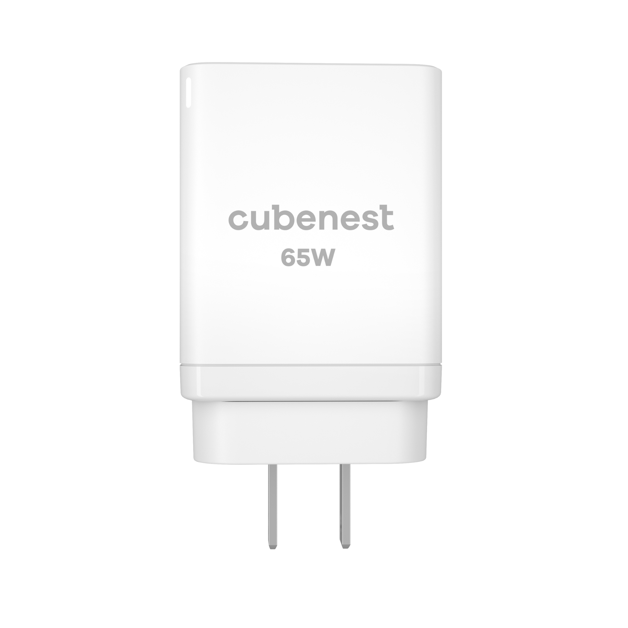 Weißes cubenest 65W Ladegerät. Das Ladegerät hat einen rechteckigen Körper mit einem zweipoligen Stecker.