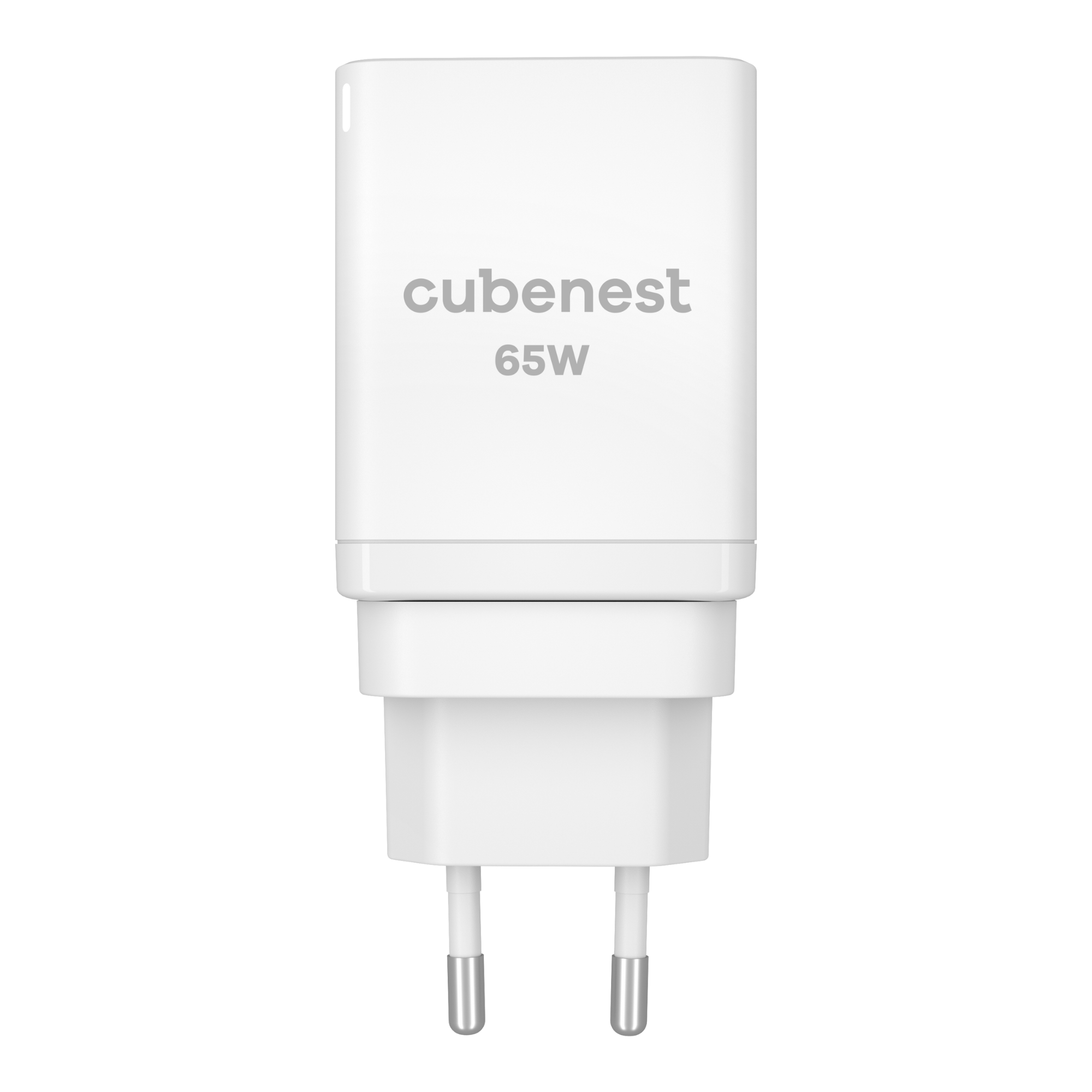 Ein weißes Cubenest-Ladegerät mit der Aufschrift 65W. Es hat zwei Stifte.