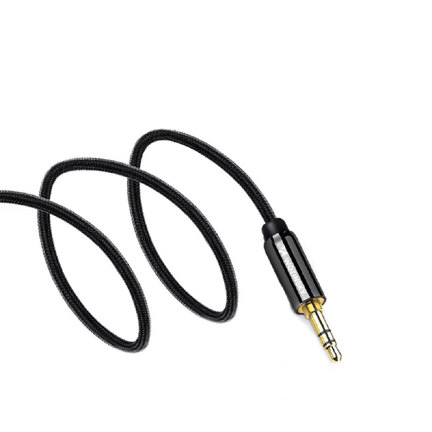 Schwarzes Audiokabel mit 3,5-mm-Klinkenstecker. Das Kabel ist aufgerollt und auf weißem Hintergrund.