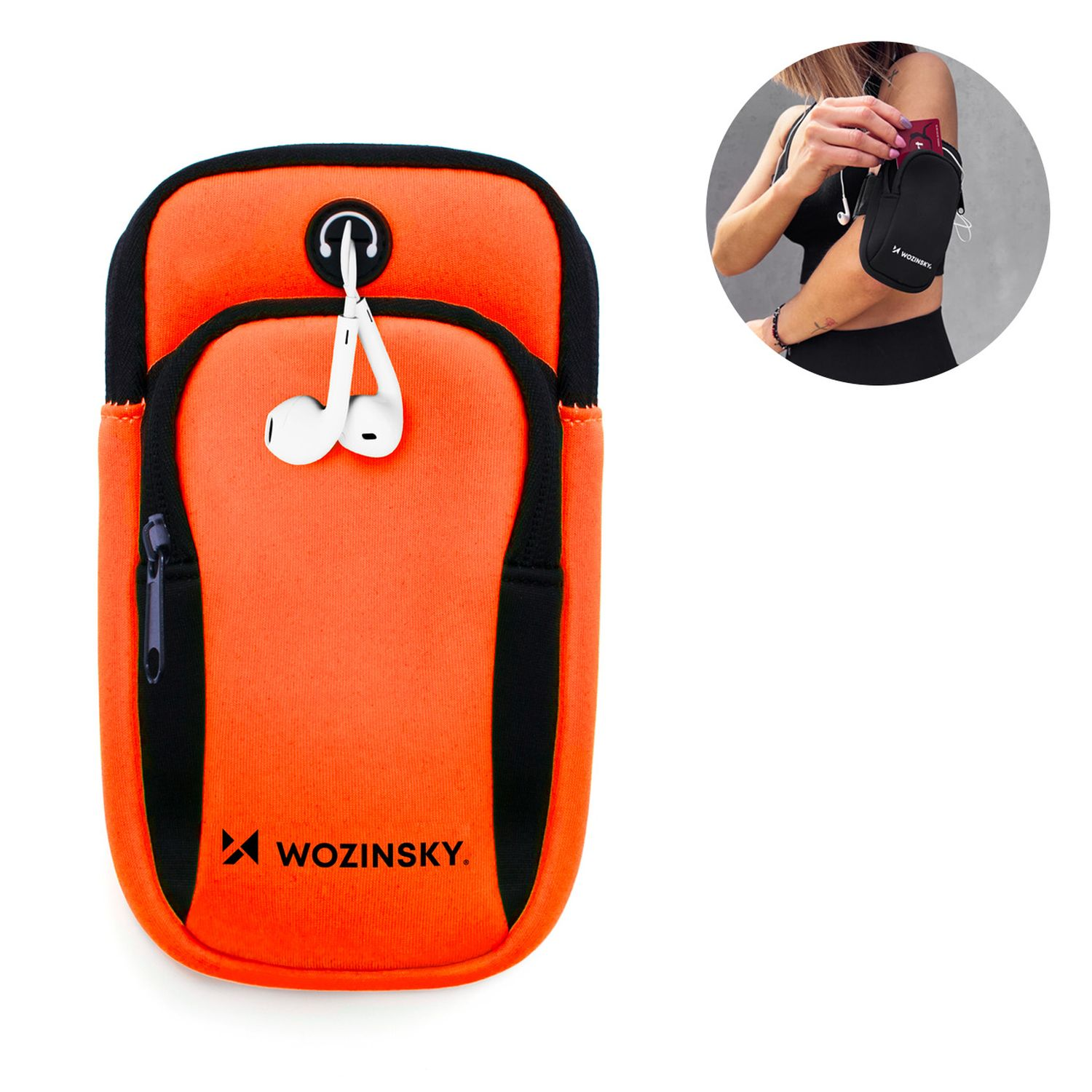 Orangenes Armband mit schwarzen Akzenten und weißem Kopfhörerkabel. Eine Frau benutzt es.