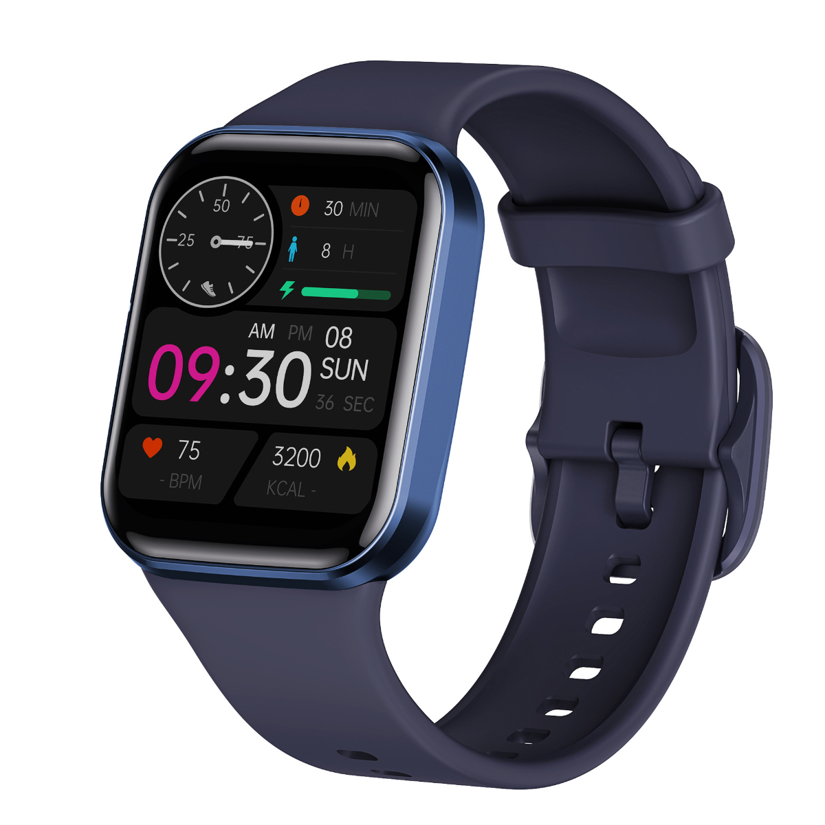 Reloj inteligente azul sobre fondo blanco. La pantalla muestra métricas y la hora 09:30.