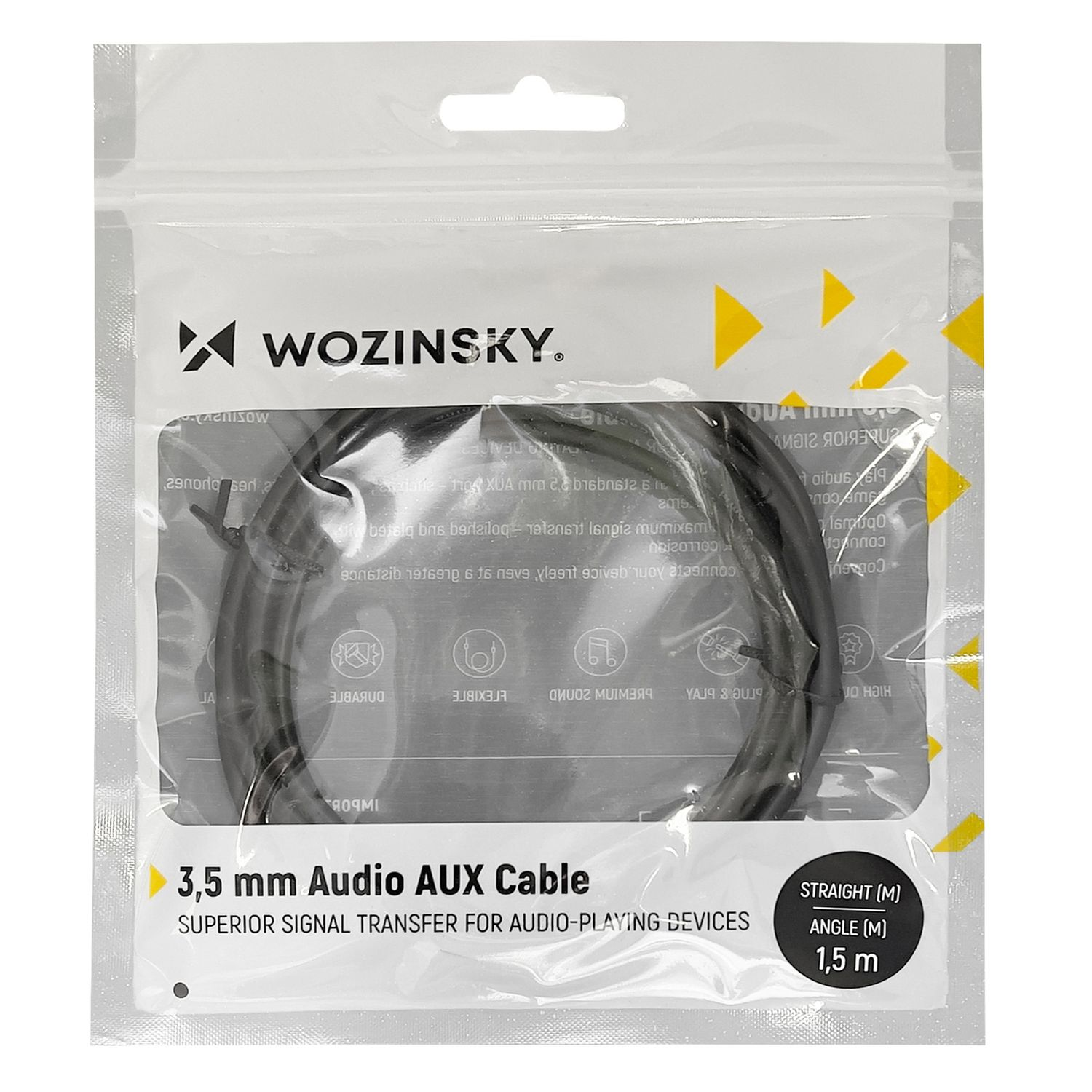 Schwarzes Audio-AUX-Kabel in einer transparenten Plastiktüte. Text: 3,5 mm Audio-AUX-Kabel.