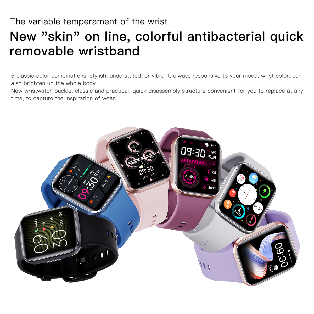 Pantalla de reloj de pulsera que muestra múltiples relojes inteligentes con correas de diferentes colores, mostrando la hora.