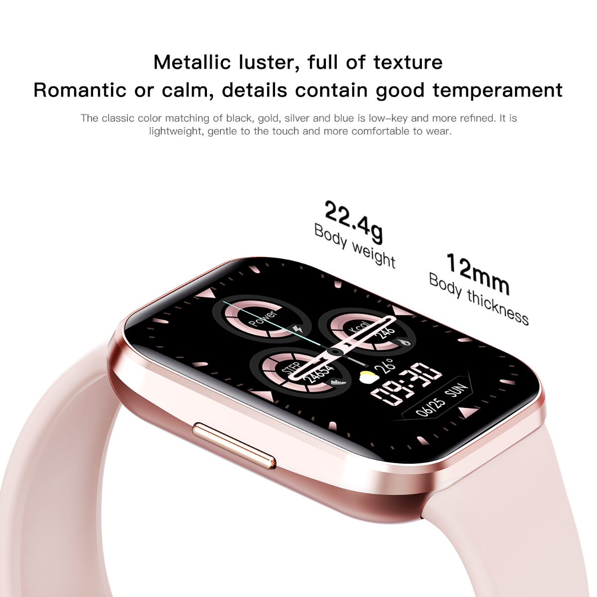 Reloj inteligente rosa. Detalles en oro rosa. Pantalla muestra hora, fecha y estadísticas. Fondo blanco.